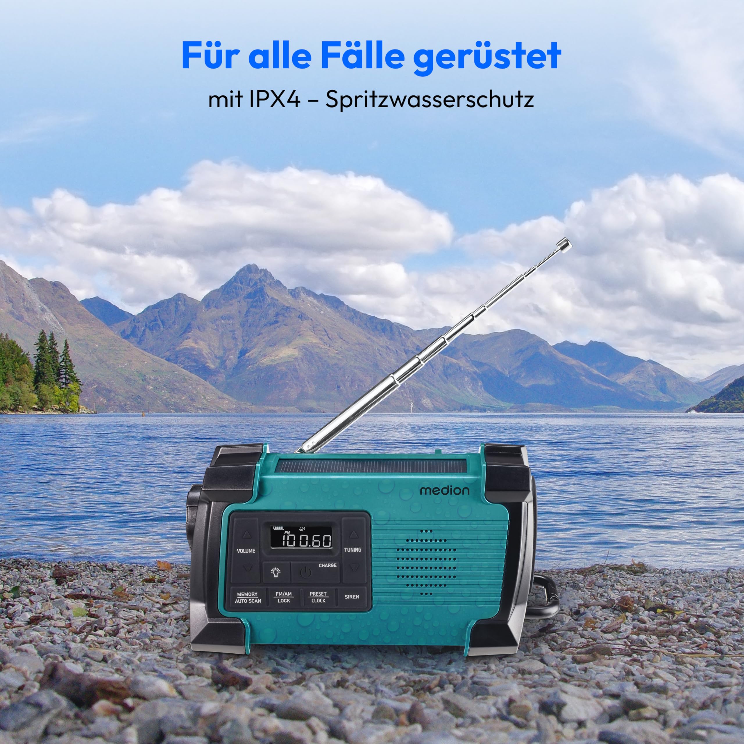 MEDION E66805 Kurbelradio (Solar, Dynamo Handkurbel, Baustellenradio, PLL UKW Radio, Taschenlampe IPX4 Spritzwasserschutz, SOS Notfall Funktion)