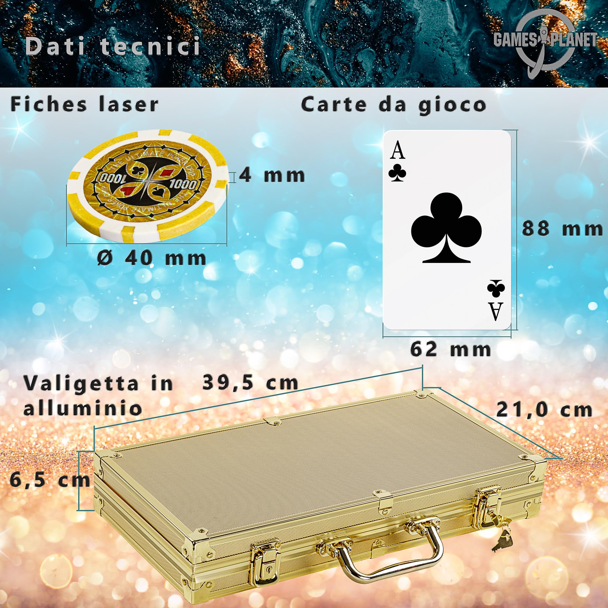 GAMES PLANET Set da Poker con 300 fiches Laser, Colori a Scelta
