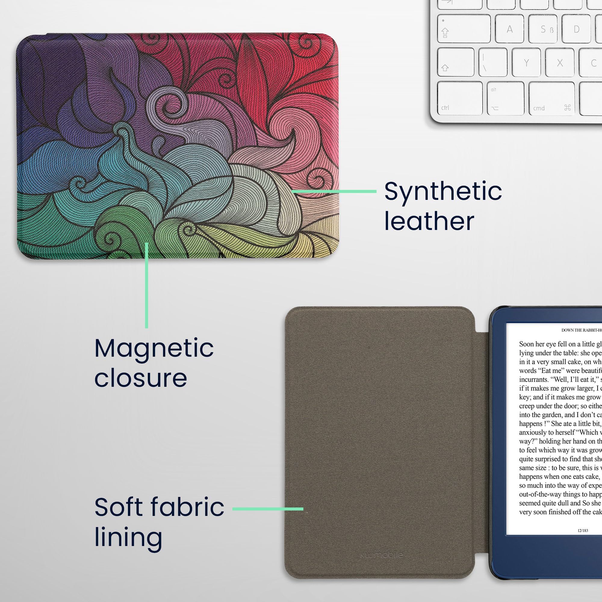 kwmobile Étui Compatible avec Amazon Kindle (2022/2024) Coque - Étui à Rabat magnétique Tablette eReader Similicuir - Fuchsia-Bleu-Vert