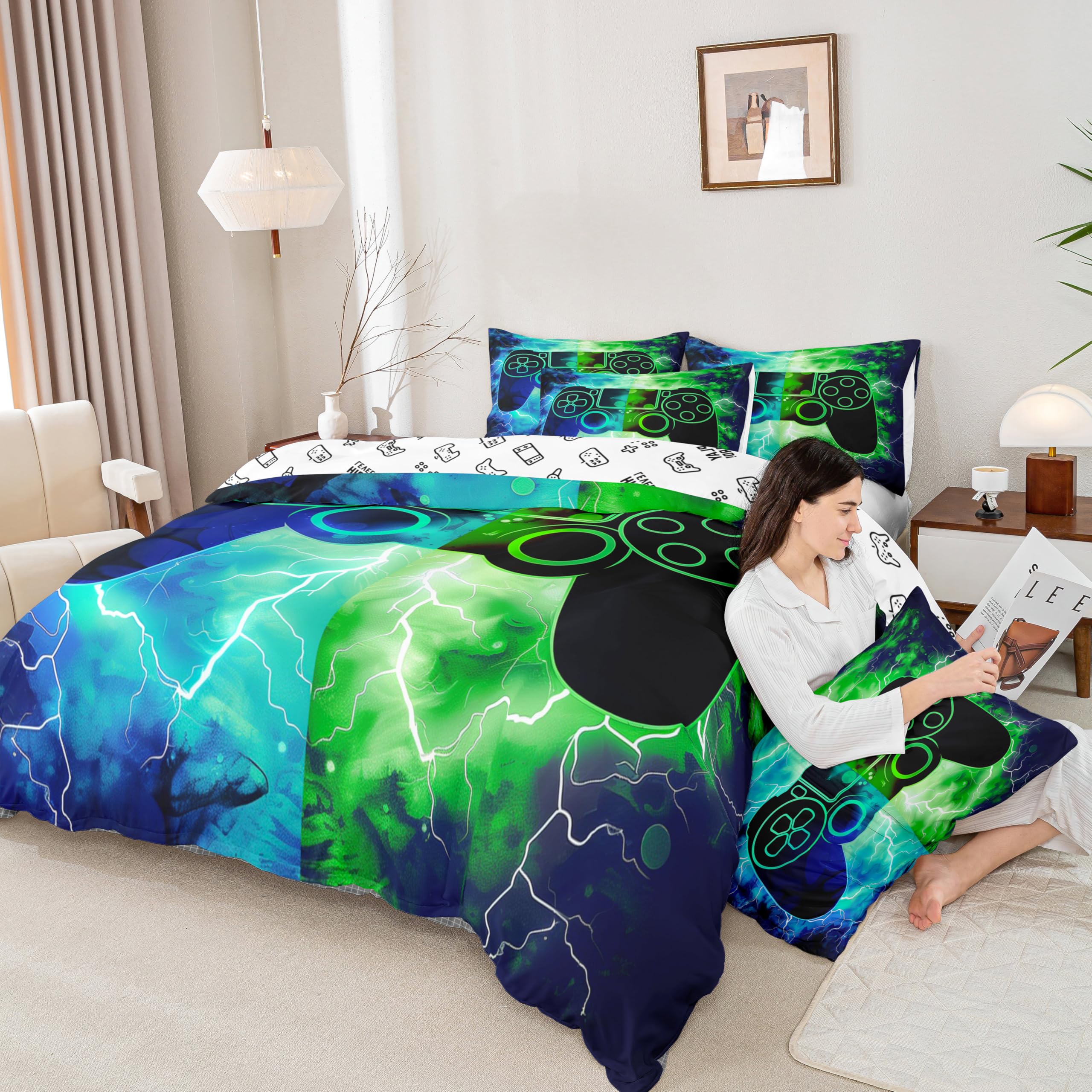Loussiesd Gamer Gaming 100% Baumwolle Bettwäsche Set 135x200cm Blitze Gamepad Betten für Spielkonsole Betten Grün Blau Modern Bettwäsche-Set