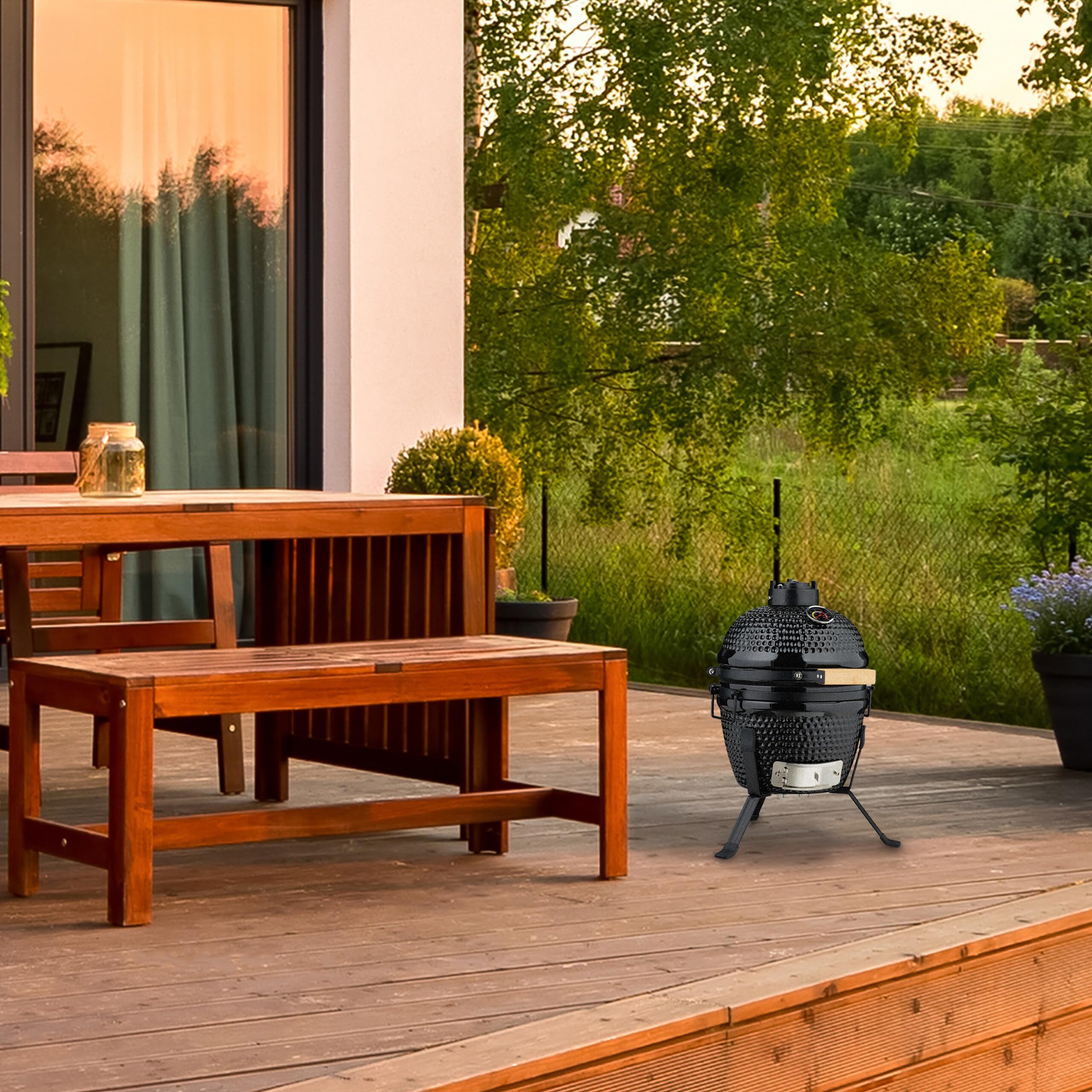 Relaxdays Barbecue a Carbonella Stile Kamado, Griglia Ø 26 cm in Ceramica, BBQ Carbone da Esterno Termometro 450°C, Nero