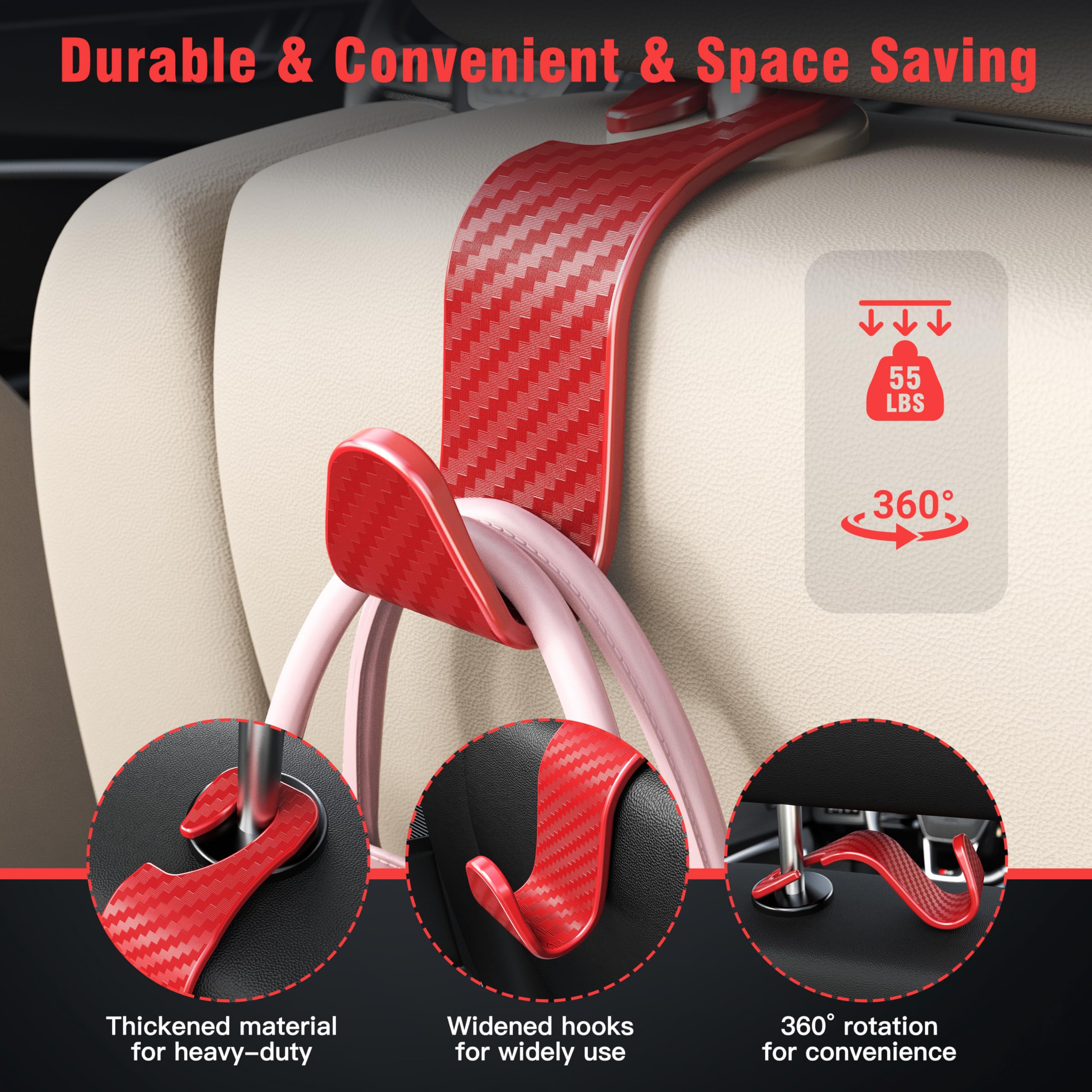 4-Pack Car Headrest Hooks Holds 55lbs Seat Storage Organizer for Bags view 5