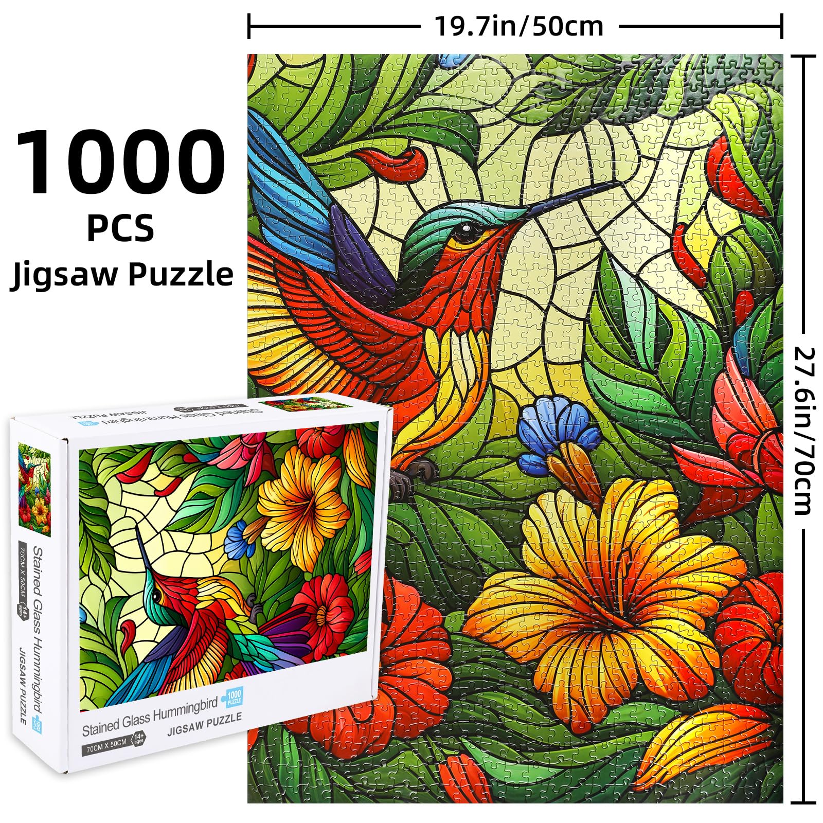 Sutinban 1000 Piece Jigsaw Puzzles for Adults Stained Glass Hummingbird with Floral Pearl Pattern Jigsaw Puzzles For Adults Art Puzzle for Home Decor Gifts - Image 3