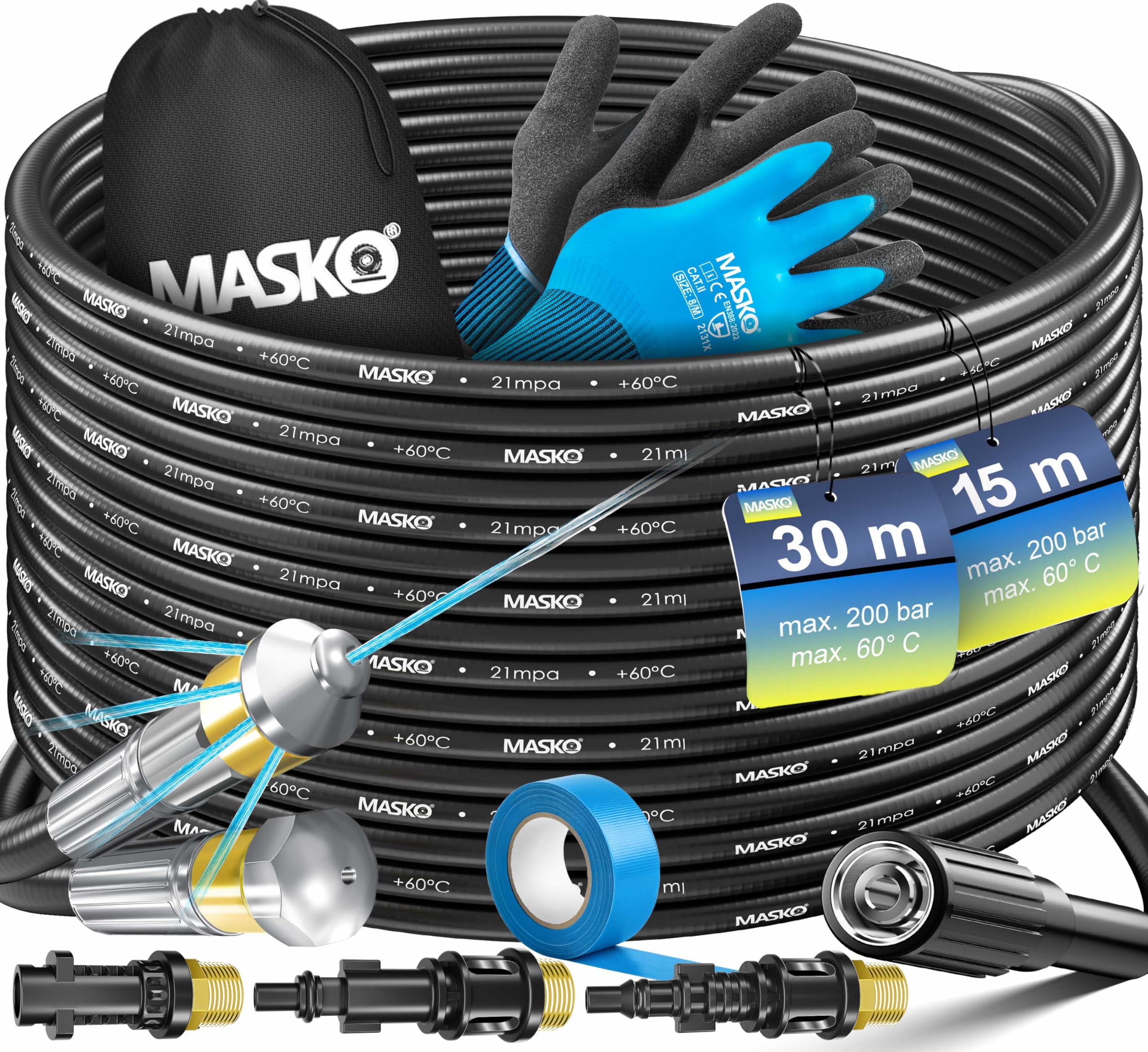 MASKO® Rohrreinigungsschlauch Set Abflussreiniger 15m, 200 bar inkl. Isolierband, Tasche 3 Adapter 2 Düsen, kompatibel mit Kärcher k2-k7 LAVOR Hochdruckreiniger universal Rohrreinigungsset+ Handschuhe