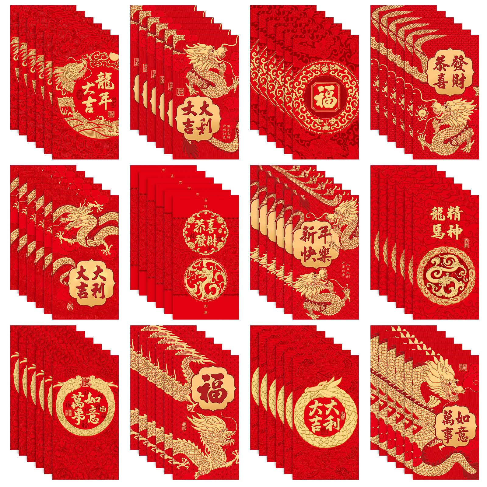 72 Pcs Chinese New Year Red Envelopes 2024 Dragon Year Lucky Hong Bao Red Money Envelope Packets with 6 different Golden Embossed Patterns for Lunar New Year Spring Festival (Style B, 72)