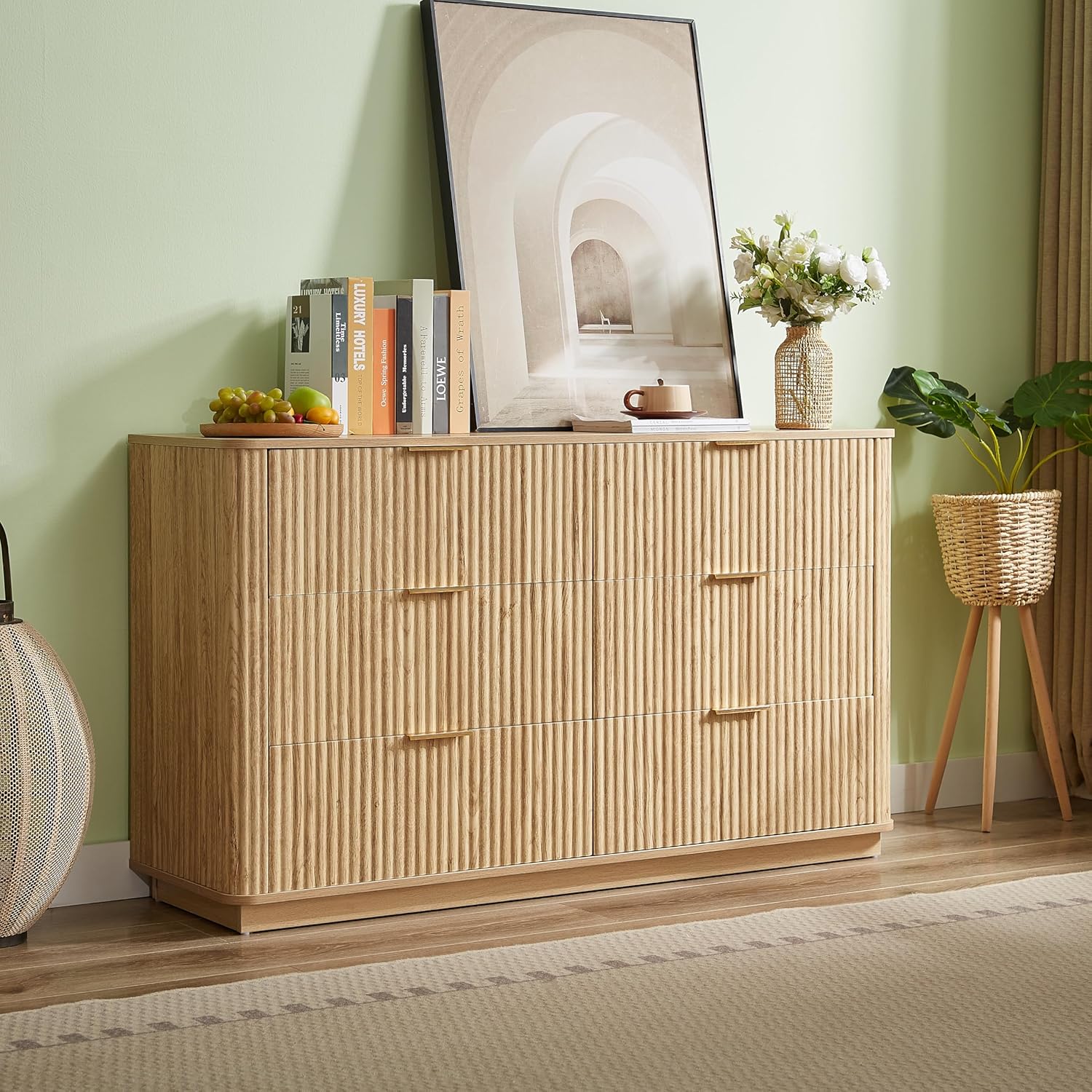 6 Drawers Dresser for Bedroom,55" Wide Fluted Dresser with Deep Drawers, Modern Chest of Drawers with Curved Profile Design, TV Stand, Organizer for Closet, Bedroom, Living Room, Oak