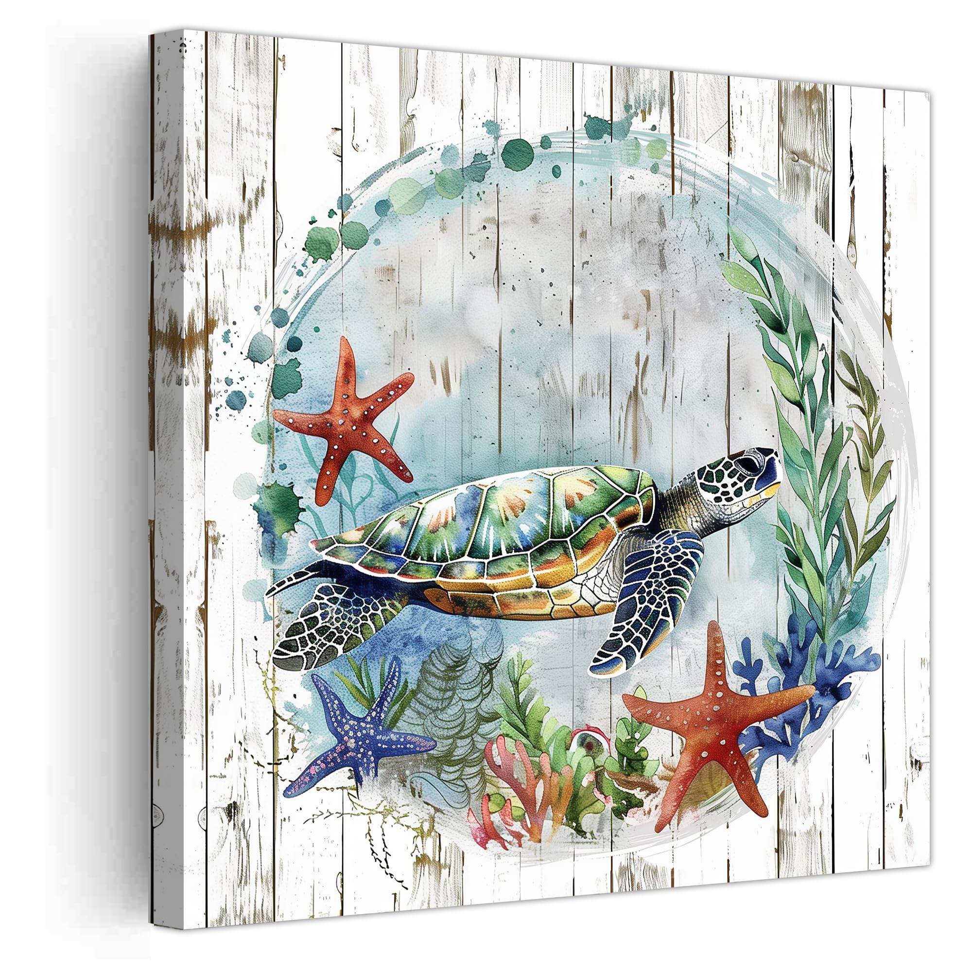 PBXBJY Bathroom Decor Sea Turtle Wall Art Ocean Coastal Picture Poster Turtle with Starfish Coral Seaweed Canvas Prints Nautical Artwork for Kids Room