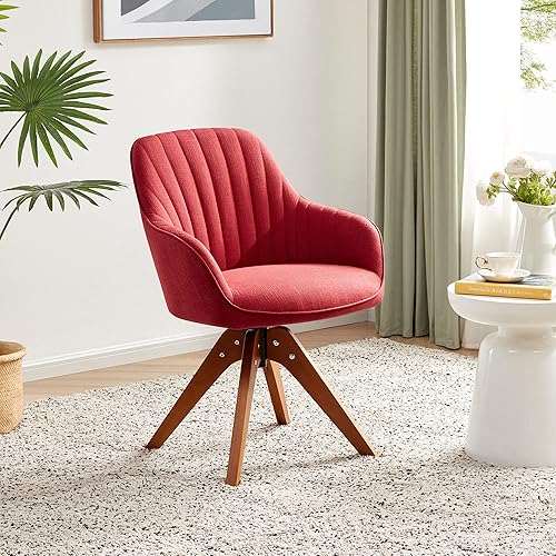 BELLEZE Silla giratoria de mediados de siglo, moderna silla de tocador de maquillaje, sillón tapizado de lino con patas de madera de roble oscuro