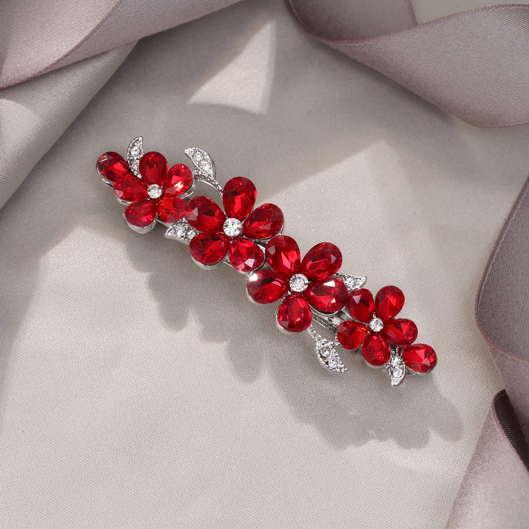 EVER FAITH Tocados de Boda Horquilla Mujer Cristal Austriaco Accesorio de Lágrima de Hoja de Flor de Ciruelo de Primavera Rojo Tono Plateado
