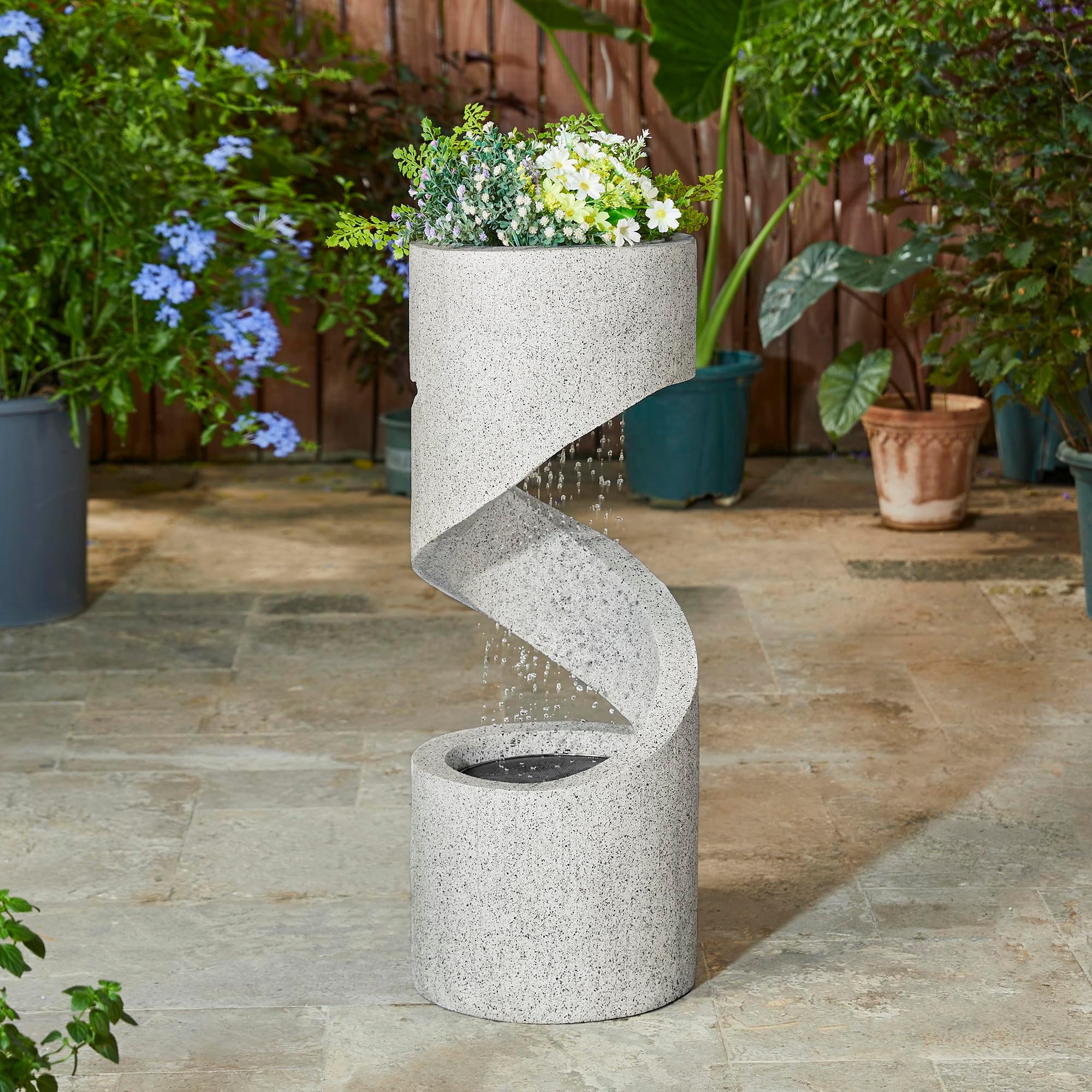 Outdoor Water Fountain with LED Light, Decorative Tiered Curved Waterfall Fountain with Stone Planter, Faux Terrazzo Spiral Shaped Outdoor Fountains for Garden Deck Patio Porch, 31.25”H