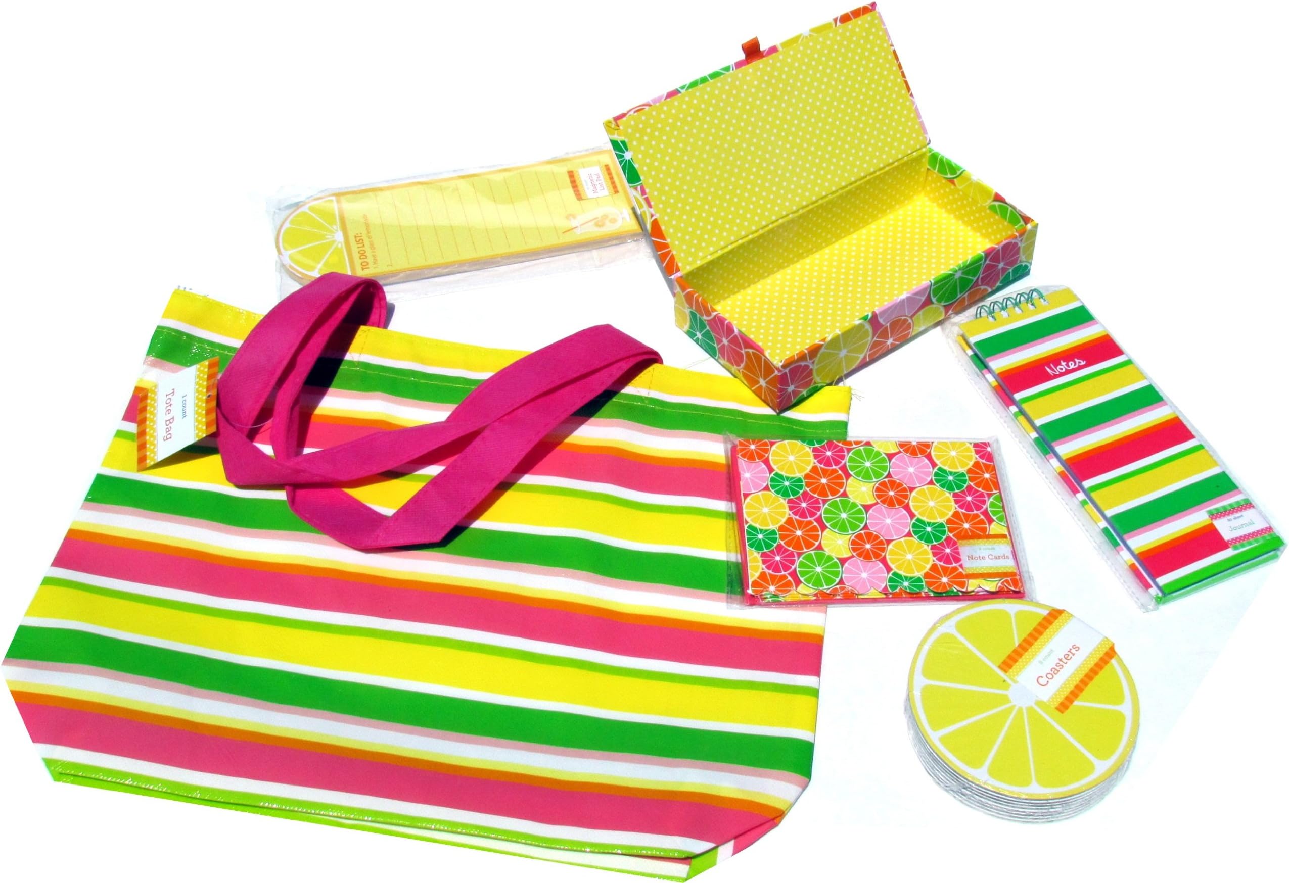 6 Piece Lemon Themed Kitchen Decorating Hostess Gift Set or Great Hosewarming Gifts - Large Shopping Bags (Assorted), 8-count Note Cards with Envelopes (assorted), Coupon File Organizer, 8-count Lemon Coasters, Cash Box, Magnetic Note Pad, and Journal