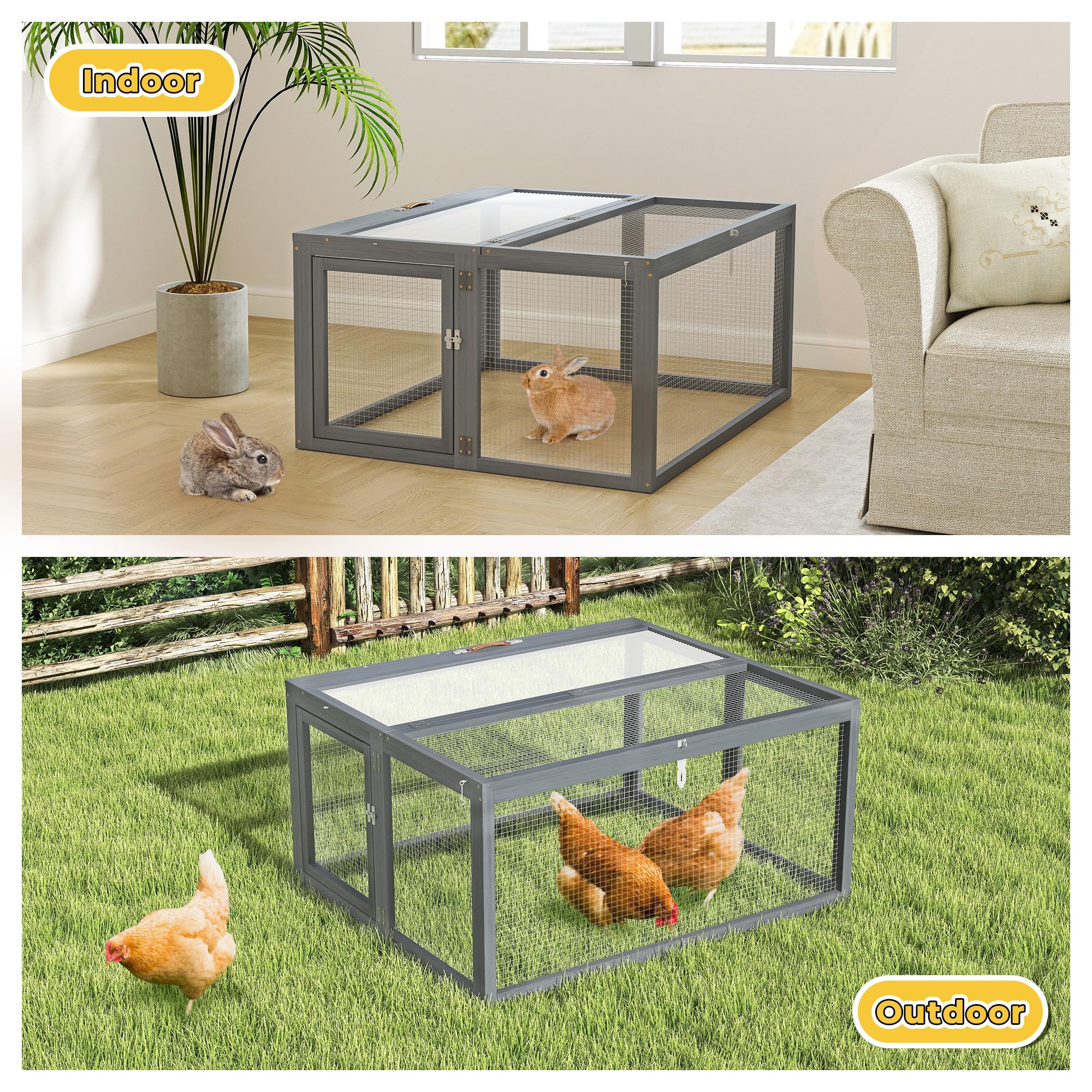 Kaninchenstall, Klappbarer Freilaufgehege aus Holz mit Sonnenplatte & Drahtgitter, 110x94x54 cm, Wetterfest für Kaninchen & Meerschweinchen im Außenbereich