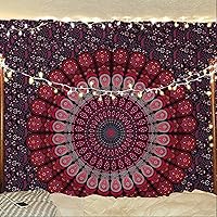 Vista 21 de Bless International - Tapiz de cama para colgar en la pared con mandala de pavo real bohemio y psicodélico (azul dorado, rosa, tamaño Queen