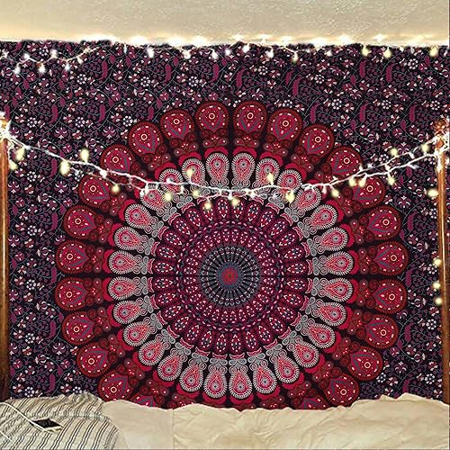 Tapiz hippie indio bohemio psicodélico dorado mandala de pavo real azul dorado para colgar en la pared (púrpura rosa, póster (29.9 x 39.8 in)