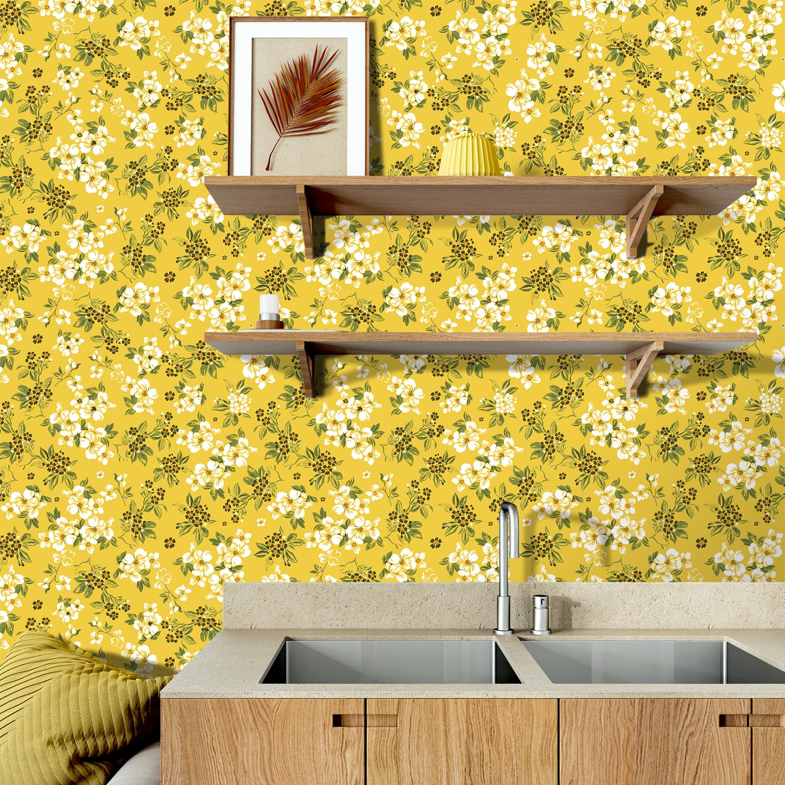 VaryStyle Papier Peint à Décoller Et à Coller - Motif Floral Citron Vif