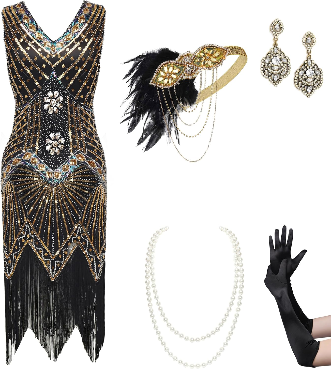 BABEYOND Women's Flapper Dresses Set 1920s V Neck Great Gatsby Dress with Accessories Set