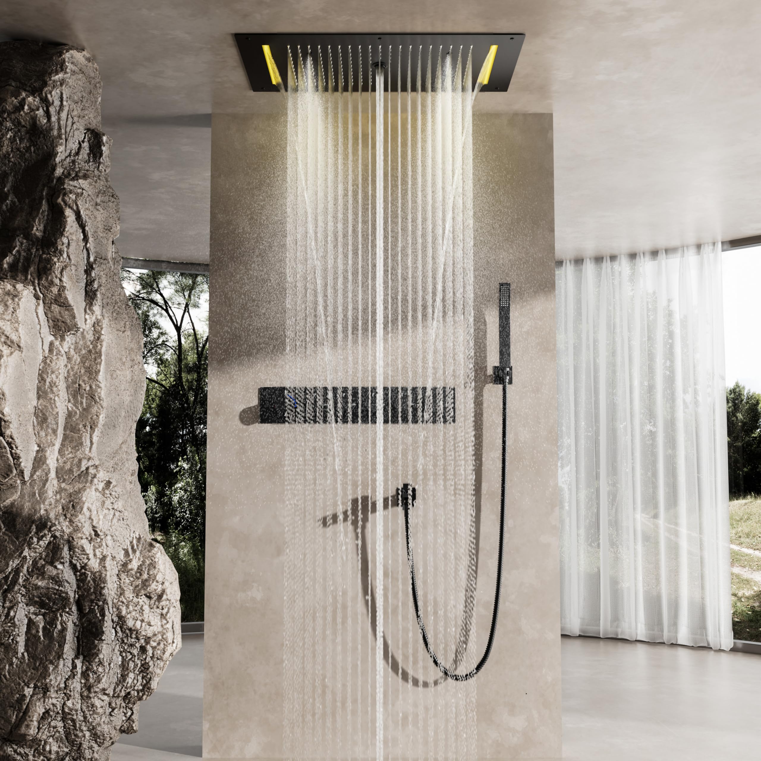 Columna De Ducha Termostática,Ducha Todo En Uno,Ducha De Pared De 70 x38 cm Con Luz LED De Color Y 5 Modos De Chorro,Con Teleducha Y Grifo Resistente A Altas Temperaturas,Columna De Ducha Negra