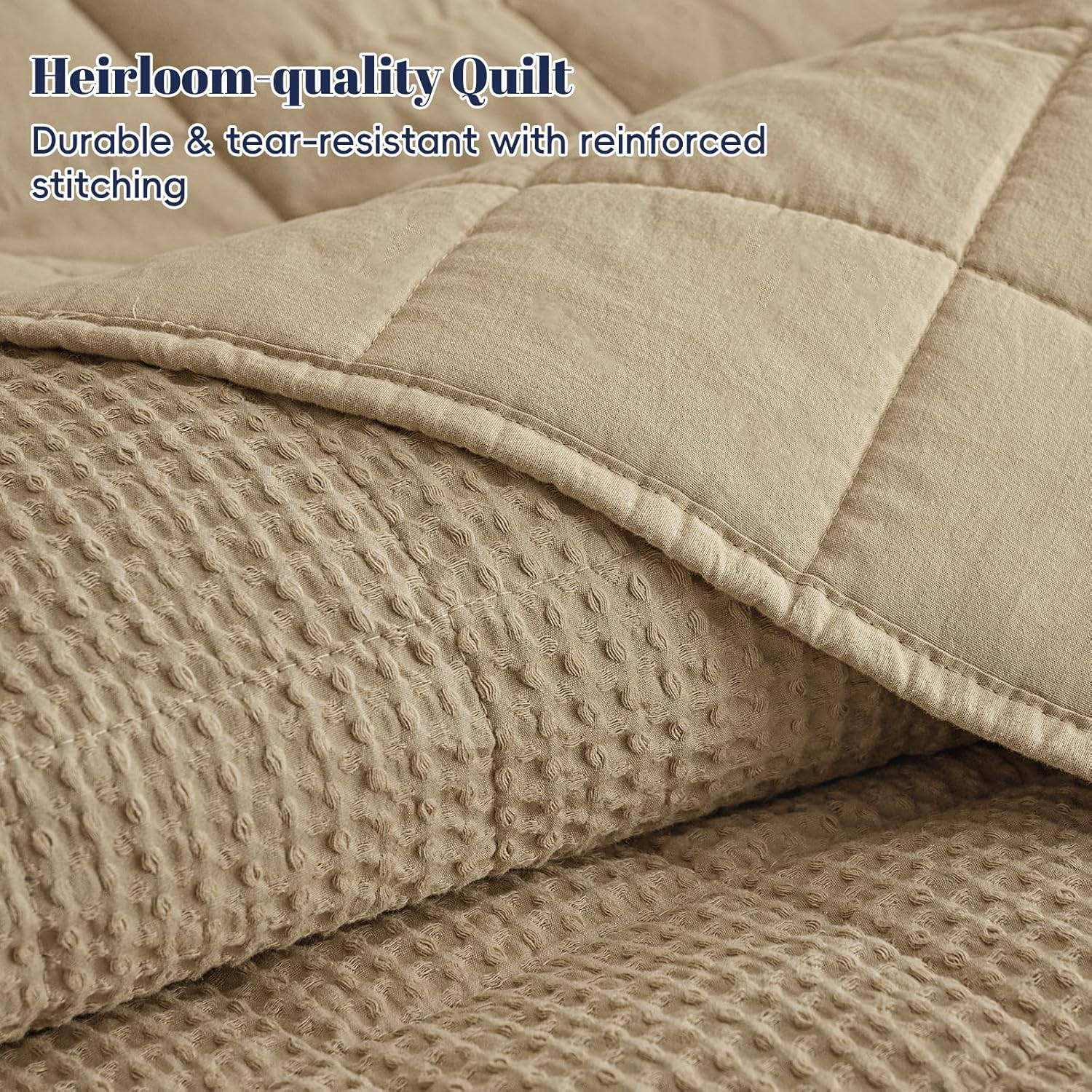 PHF 100% Washed Cotton Waffle Quilt Set King Size(106"x90")-Lightweight with Square-Box Channel, Cozy Quilted Bedspread Set, Home Decor, 1 Soft Coverlet with 2 Matching Shams, Khaki
