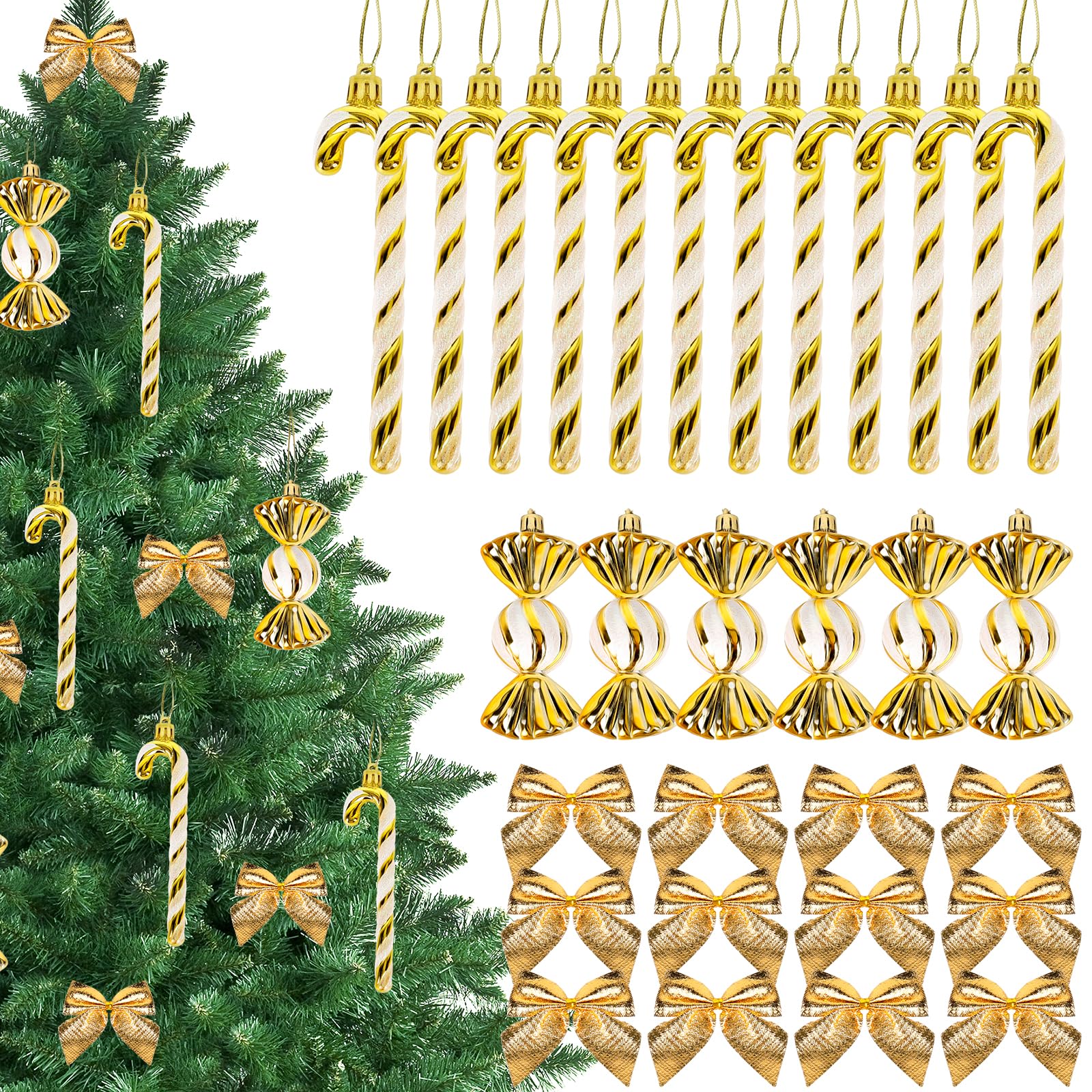 NZZVNZ 30 Piezas Decoracion Colgante de Árbol de Navidad, Decoración Navideña con Bastones de Caramelo, Adornos Navideños con Purpurina, con Lazos de Navidad con Purpurina, Decoración Navideña Dorada