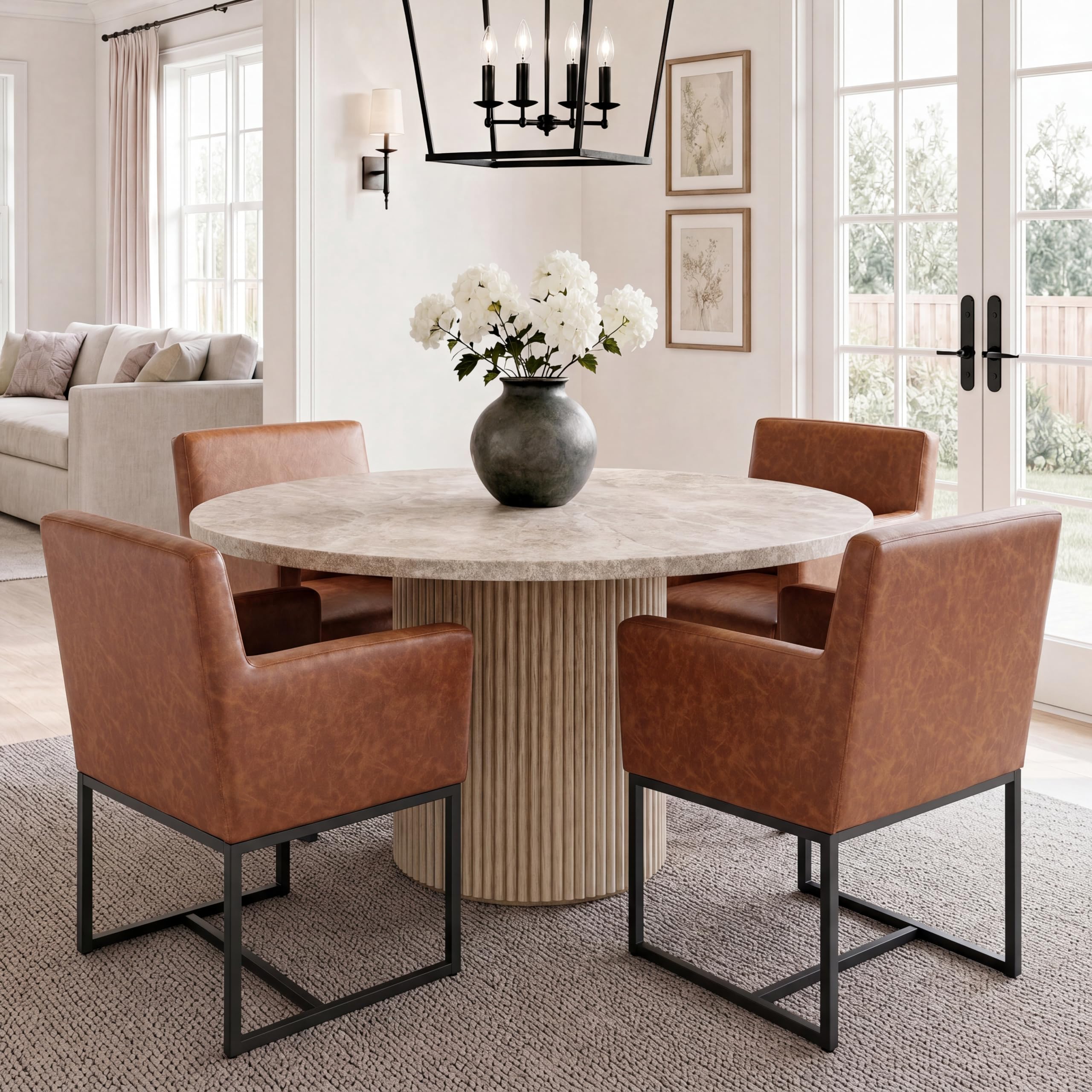 HNY Mid Century Modern Upholstered Dining Chairs with Arms Set of 4, Faux Leather Accent Chairs with Black Finish Metal Frame, 19'' Wide Arm Chairs for Living Room Kitchen Bedroom, Brown, set of 4