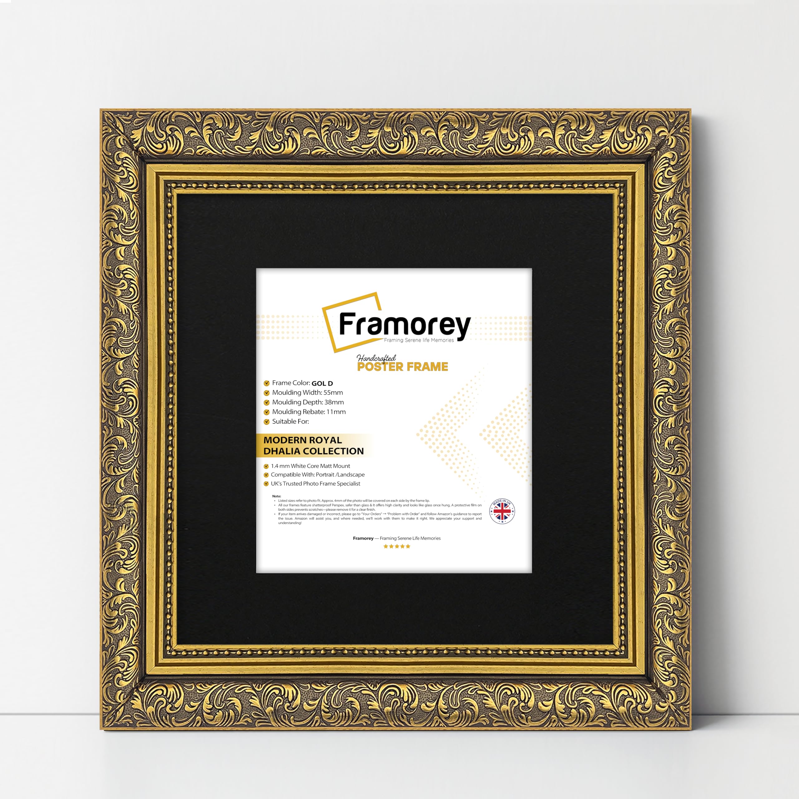 FRAMOREY Square Size Picture Frame, 20x20" Size Gold Photo Frame With 16x16" Size Black Mount, Dahlia Ornate Effect Wall Art Poster Frame, Casual Wall Art Frames