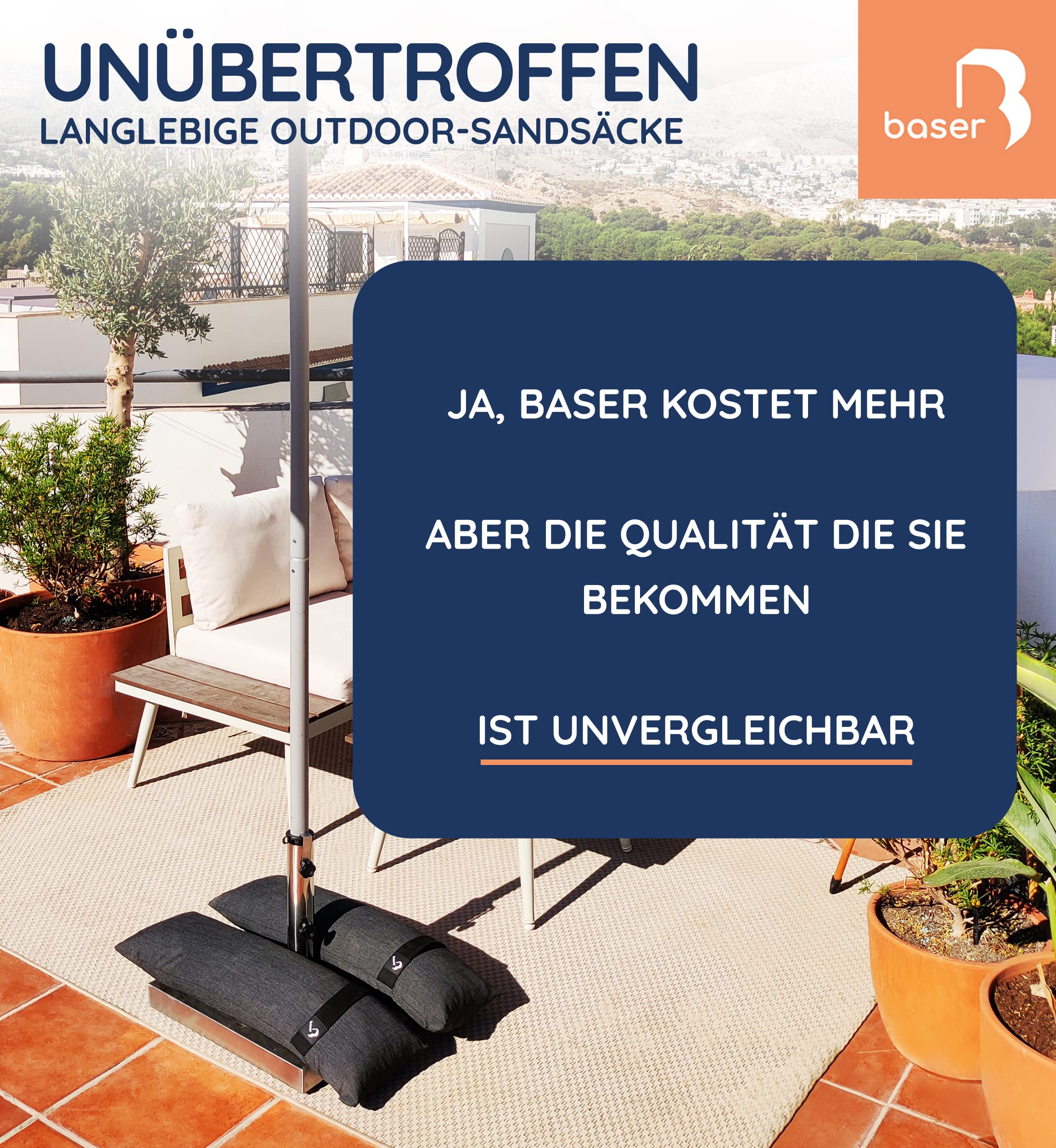 Baser Original Befüllbare Sandsäcke für Sonnenschirmständer, Wetterfeste Gewichte für Gartenmöbel & Trampolin, Recyceltes Polyester Wasserabweisend