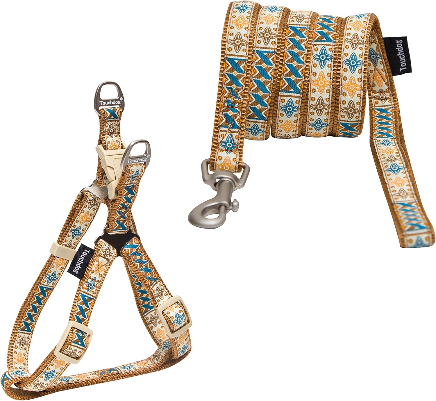 TOUCHDOG 'Caliber' Embroidered Designer Fashion Pet Dog Leash and Harness Combination, Medium, Blue
