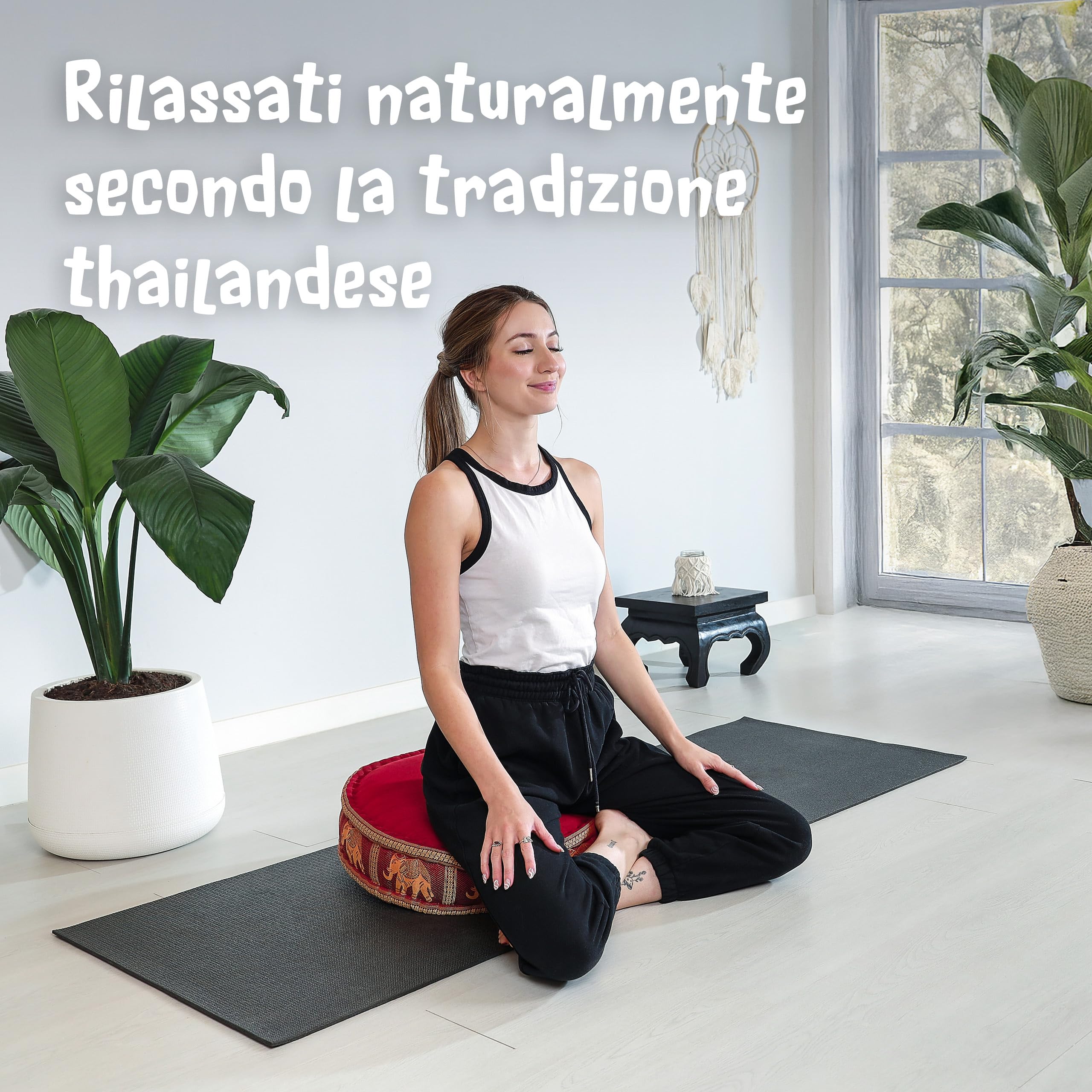 livasia Cuscino da Meditazione Seta thailandese - Ø 45x15cm - Cuscino per Yoga kapok, Pouf, Cuscino da Pavimento Yoga Meditazione Zen, Cuscino Giardino Balcone (Rosso/Elefanti Seta)