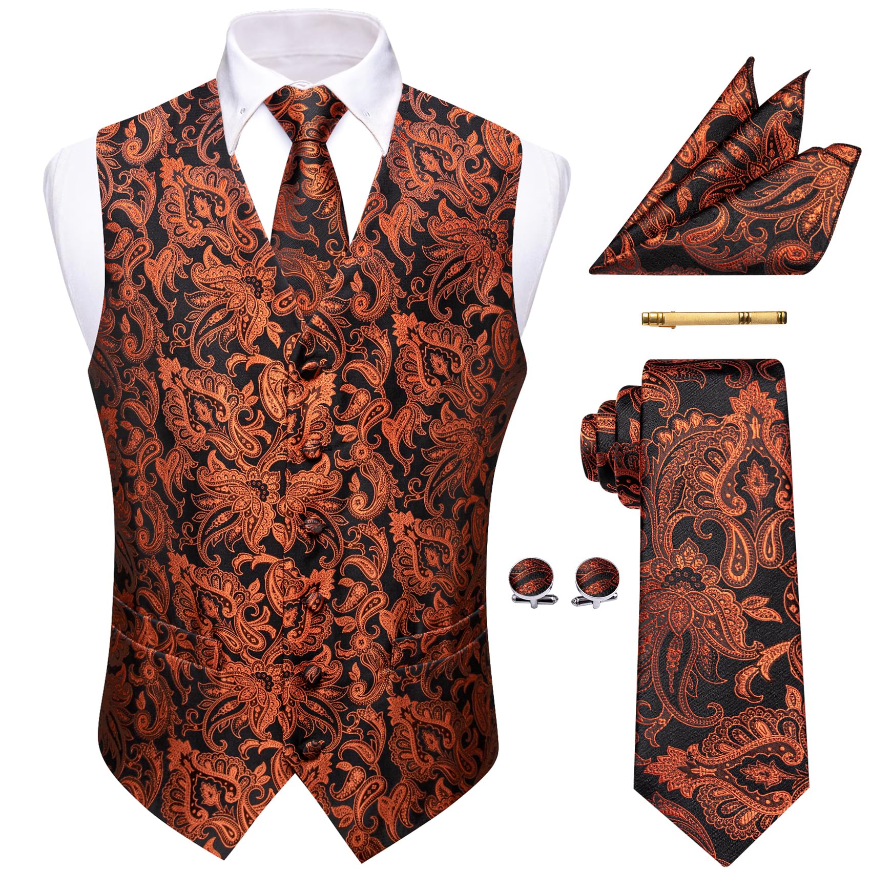 YourTies Gilet pour homme en soie jacquard floral cachemire gilet cravate poche carré boutons de manchette pince à cravate mariage formel