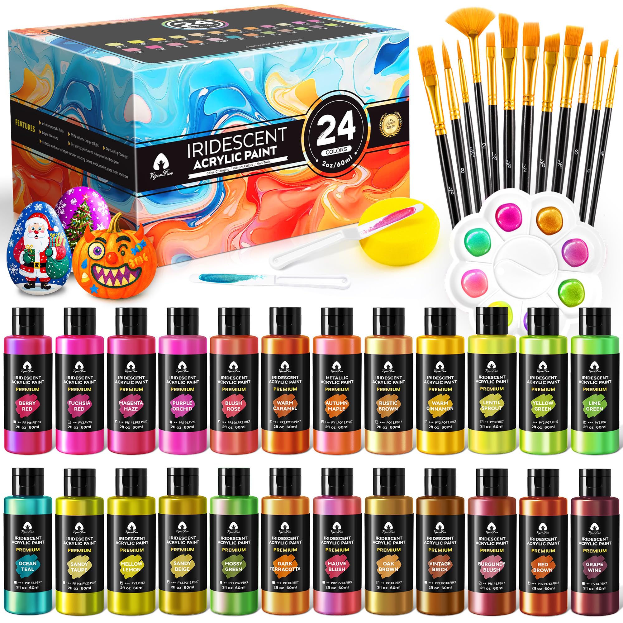 40 Pcs Iridescent Acrylic Paint Set with 12 Brushes, 2 Knives & Palette, 24 Colors (2oz/60ml) - for Adults, Artists & Beginners - Canvas Ceramic Rock