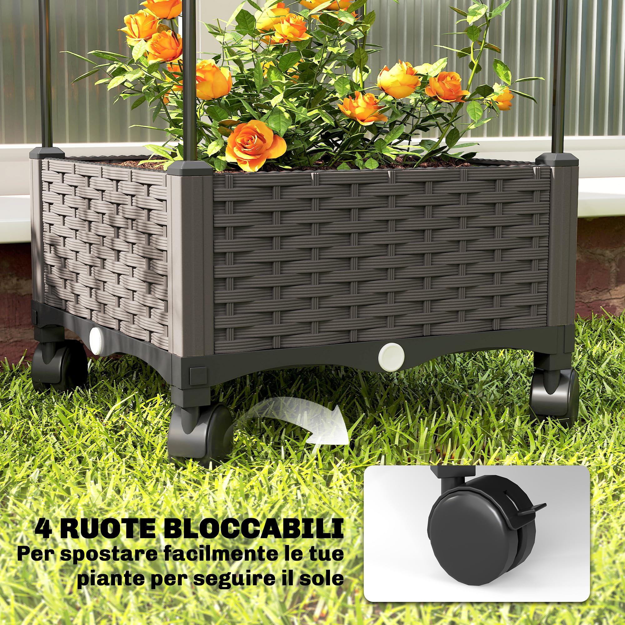 Outsunny Letto da Giardino Rialzato Alto 185 cm Autoirrigante in Metallo con Traliccio, con 4 Ruote Bloccabili per Piante Rampicanti, Fioriera con Fori di Drenaggio per Verdure e Fiori, Nero