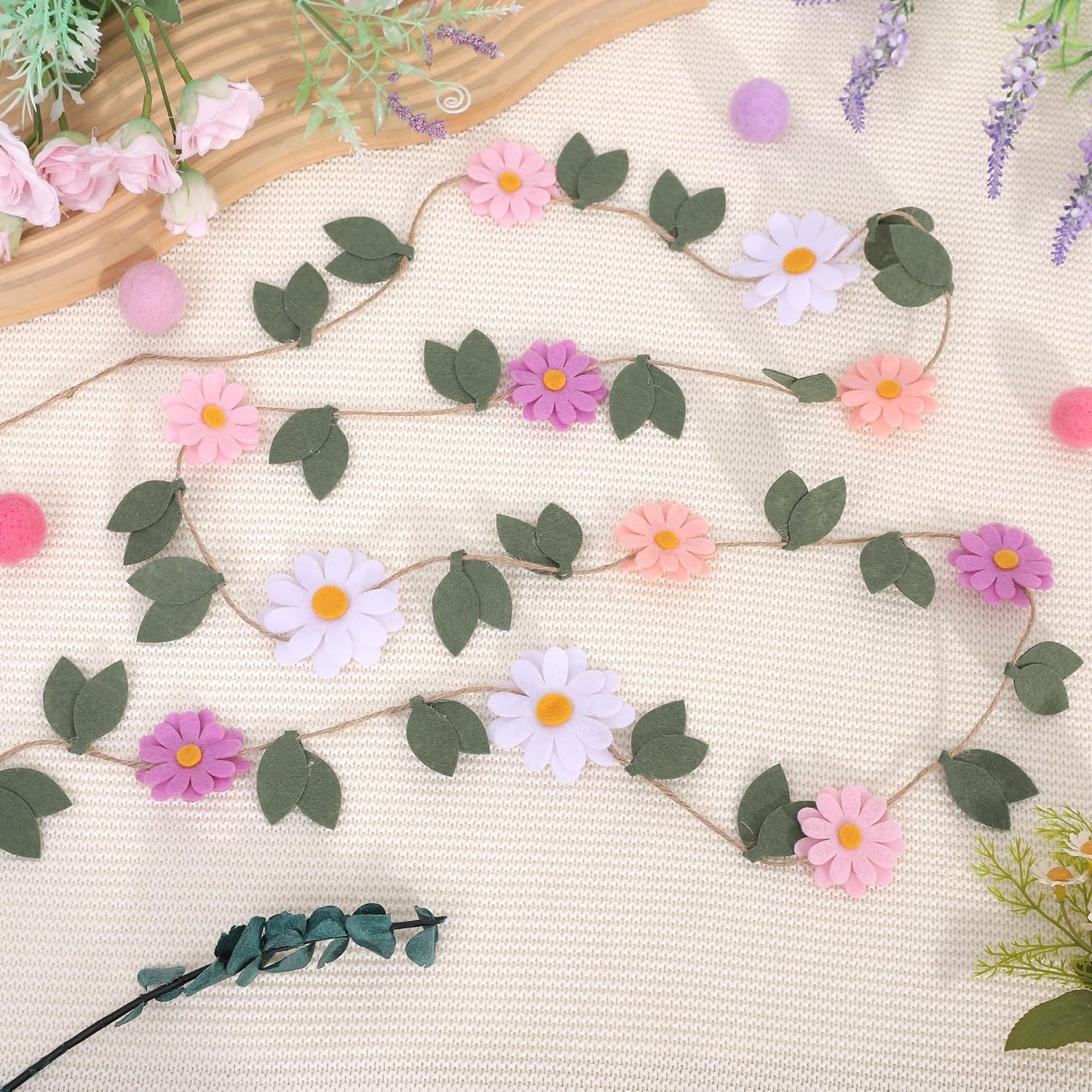 Daisy Leaf Felt Garland - Spring Flower Birthday Wedding Decorations, Colorful Daisy Green Leaves Banner, Felt Floral Wall Hanging Garland, Bohemian Garden Party Photo Props (Pink Daisy Leaf Garland) - Image 6