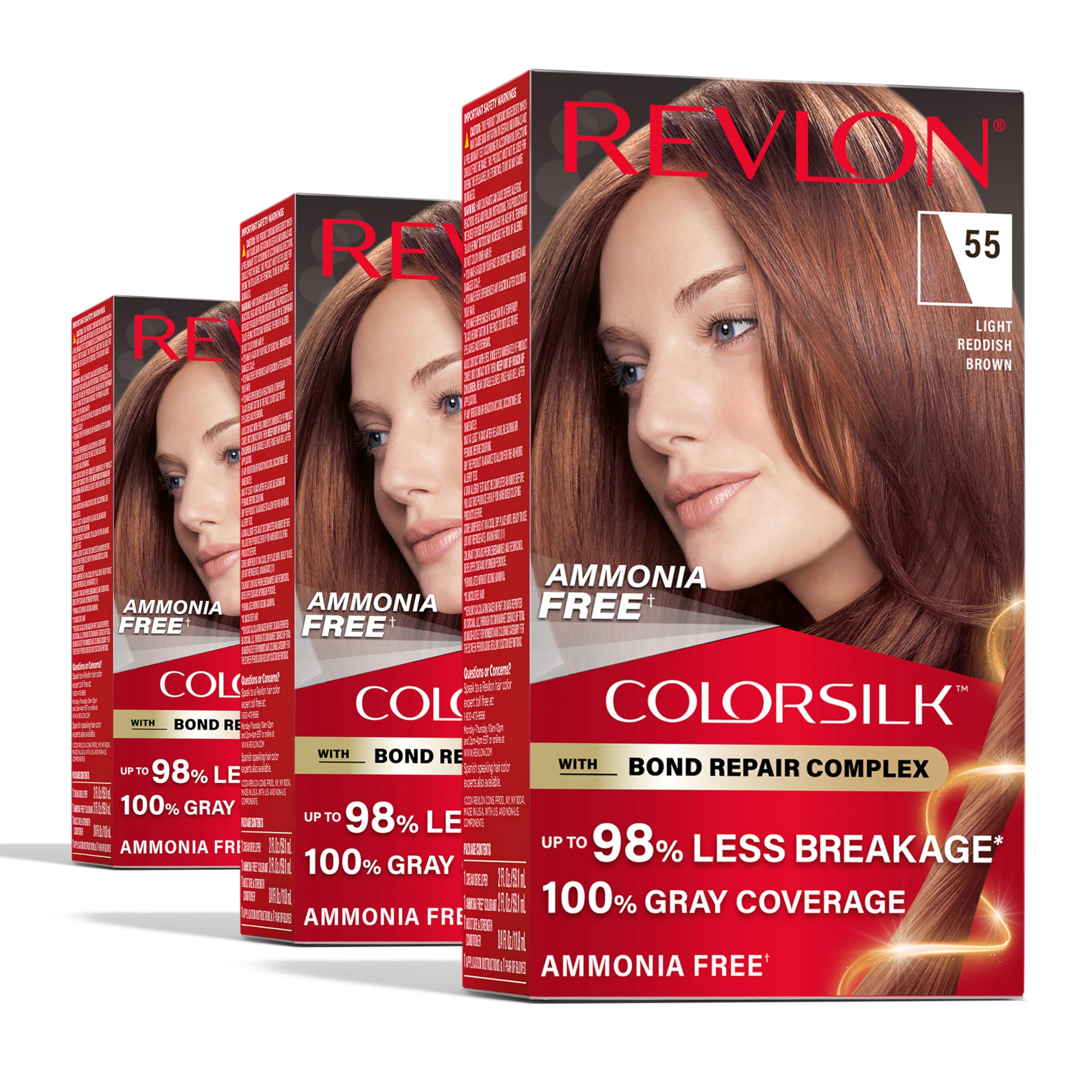 Revlon ColorSilk with Bond Repair Complex, Red Permanent Hair Color, 100% Gray Coverage, Ammonia Free Hair Dye, Vegan Keratin, 55 Light Reddish Brown (Pack of 3)