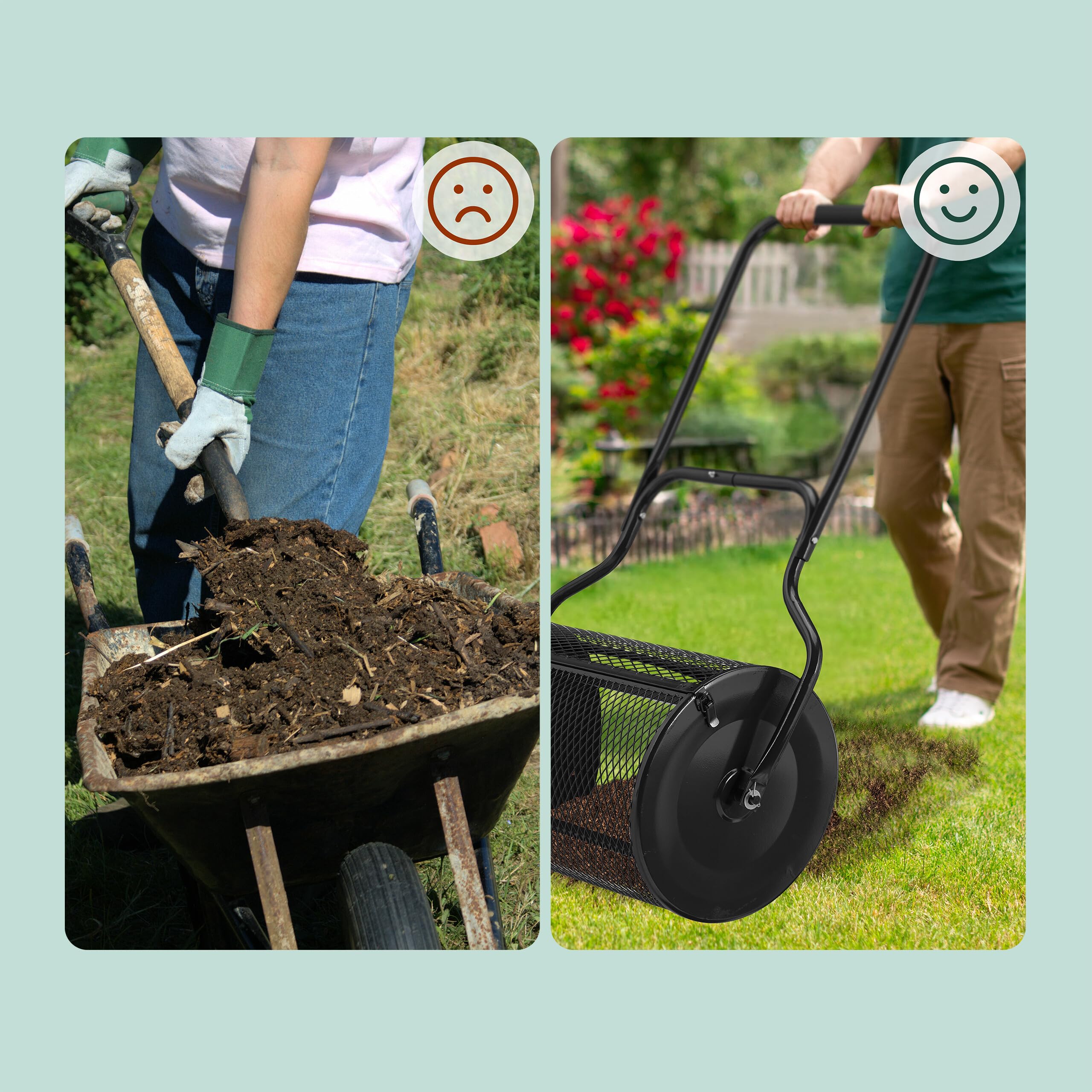 Relaxdays Esparcidor de Abono para Césped, Cesta de Rejilla 80 L, Dispensador Compost con Asa, 118 x 68 x 40 cm, Negro, Acero, Gomaespuma