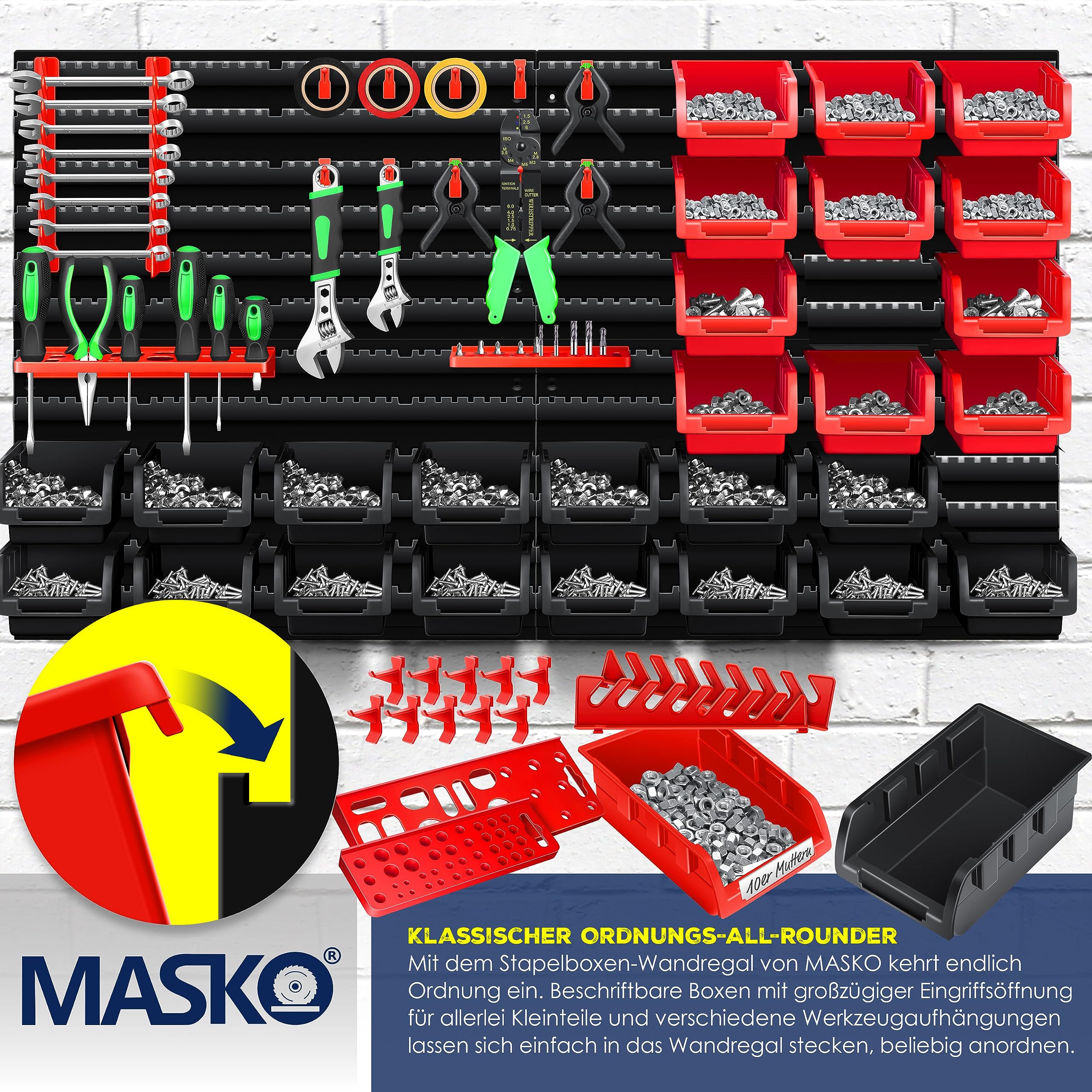 Masko® Étagère Murale + boîtes empilables + boîtes à Outils, Extensible, étagère d'atelier, boîtes de Rangement Visibles, 45 pièces - Noir/Rouge