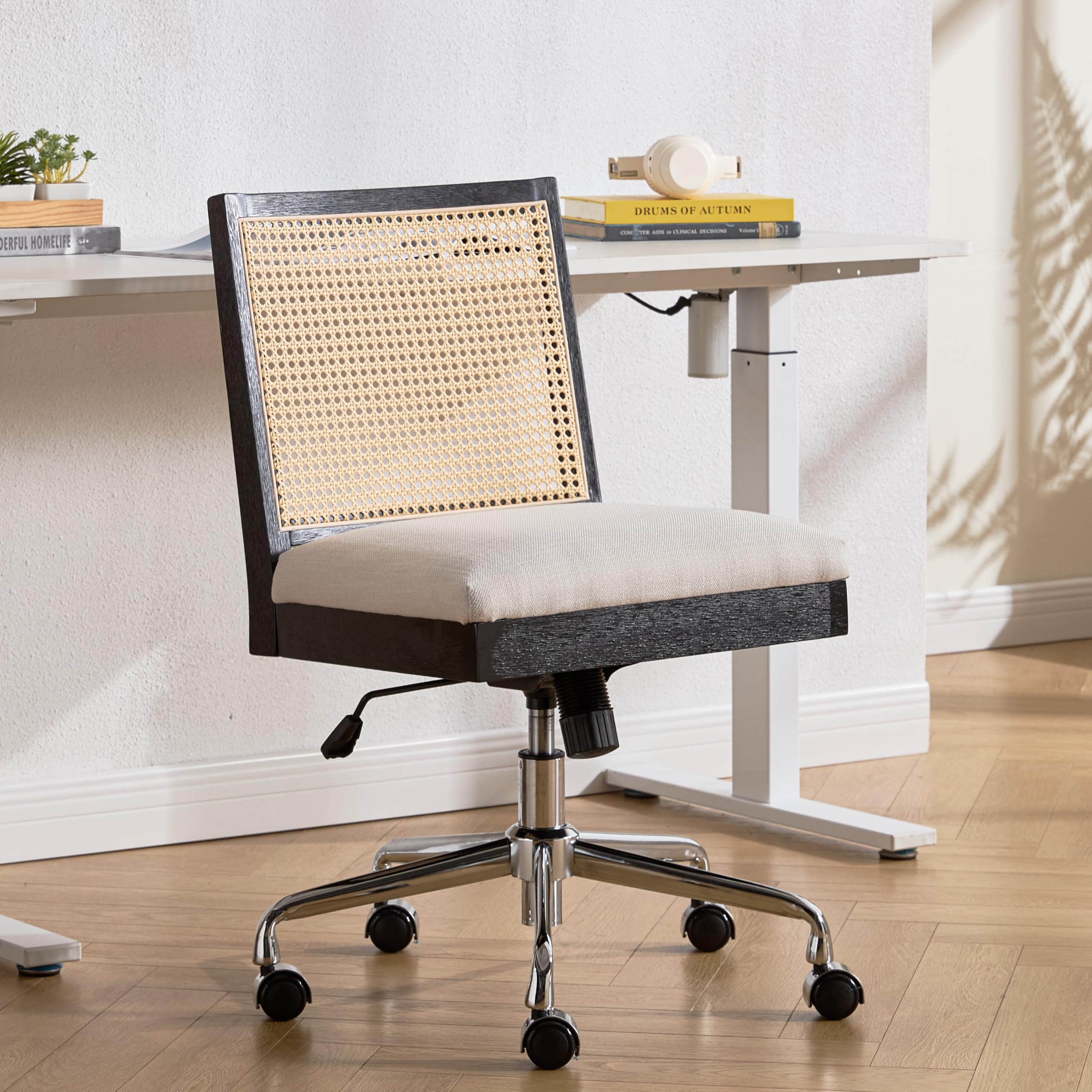 Rattan Desk Chair Linen Fabric Upholstered Computer Office Chair 360 Swivel Work Chair with Wheels Comfortable Armless Chair