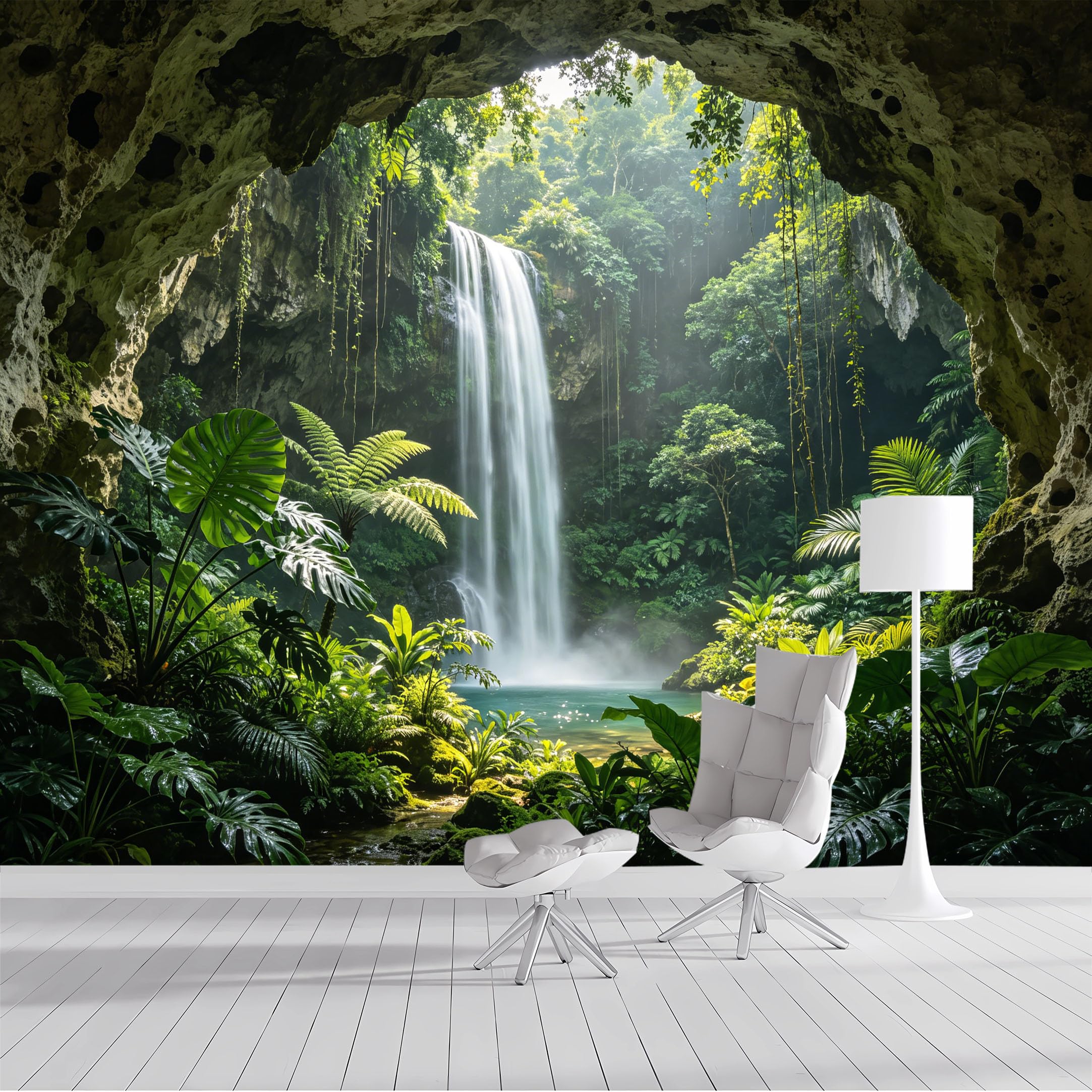 Custom Size Wall Mural Tropical Waterfall Jungle Cave Landscape Nature Scenery SelfAdhesive Wall Fabric Removable Peel and Stick Wallpaper Wall Decor for Living Room Bedroom Bathroom
