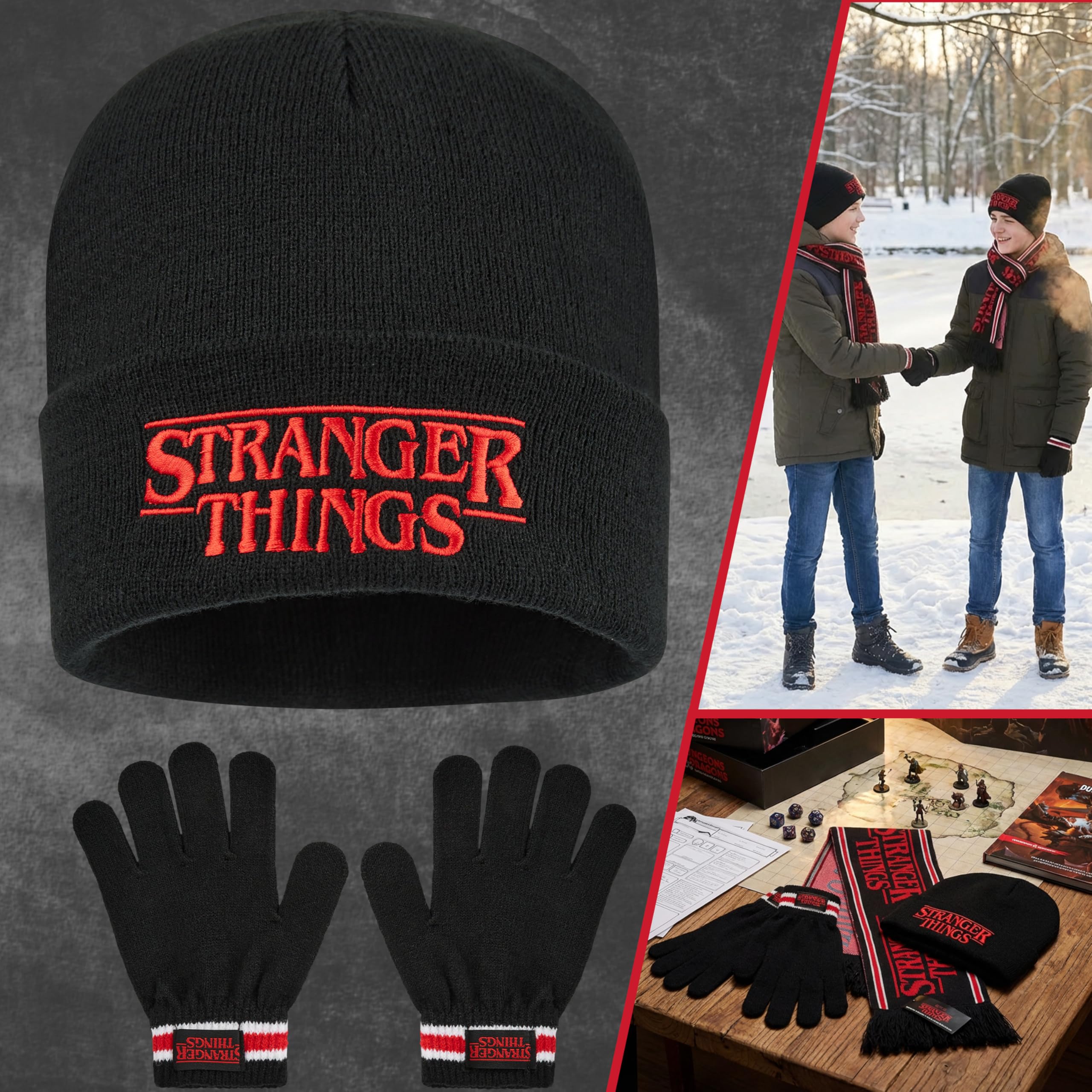 Stranger Things Conjunto Gorro Bufanda y Guantes Niño Niña, Infantil Accesorios Ropa de Invierno, Regalo Fan de la Serie