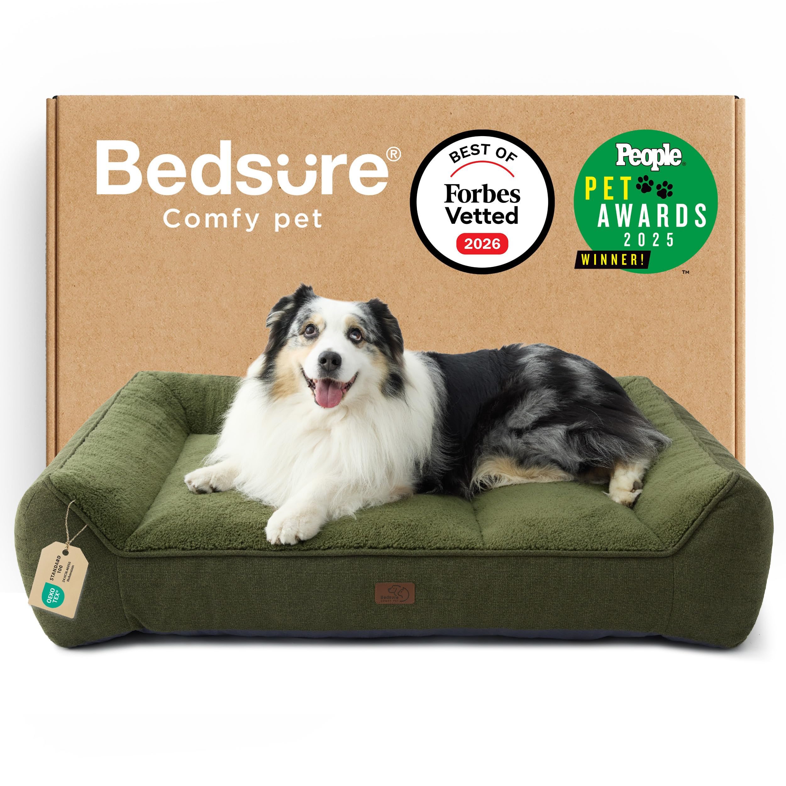 Bedsure XL Orthopedic Dog Beds Large - 106x76cm Extra Thick Supportive Dogs Sofa with Waterproof Washable Cover, Extra Large Pet Bed Sofa with Soft Plush Sherpa and Nonskid Bottom, Dark Green