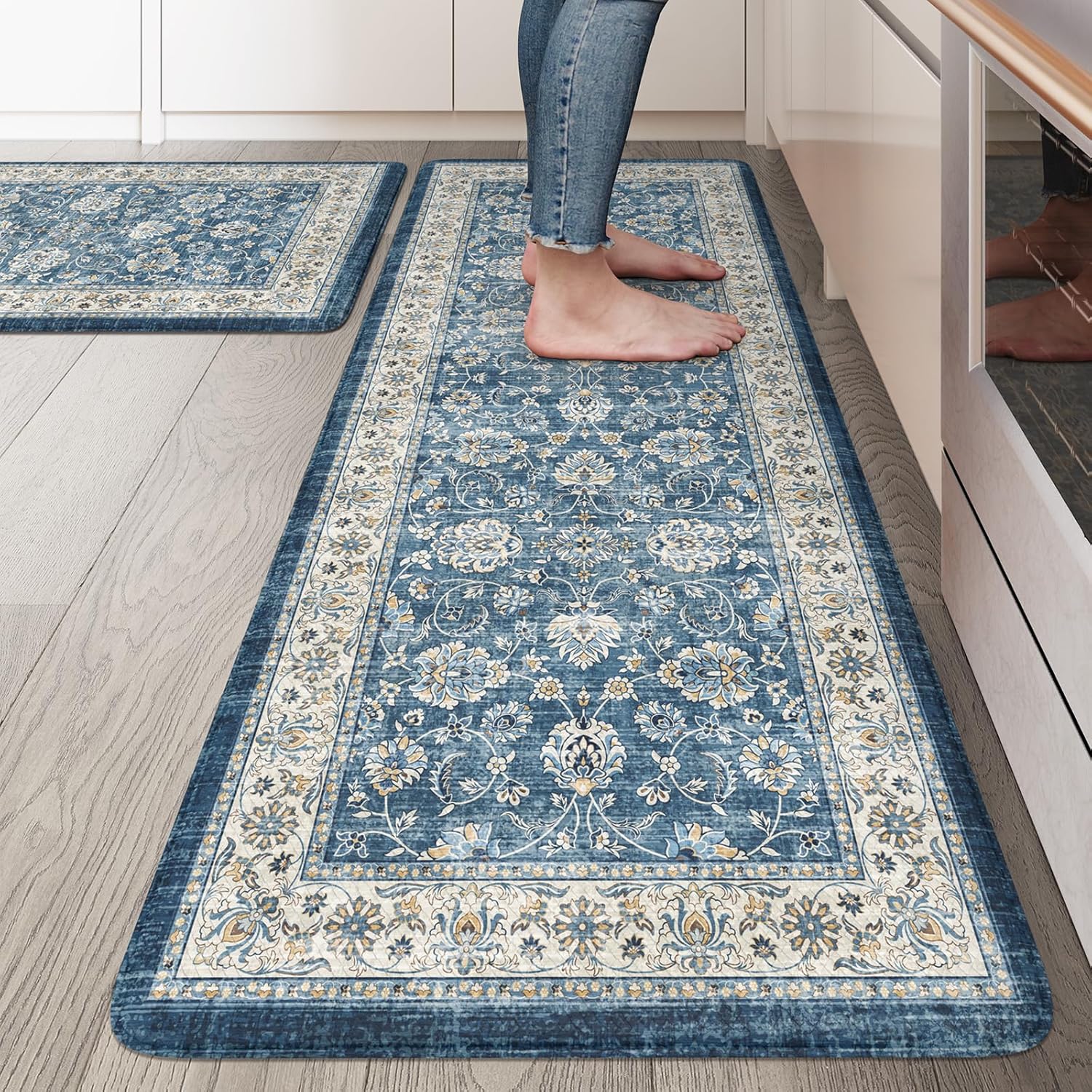 KIMODE Kitchen Mats Cushioned Anti Fatigue, Boho Oriental Kitchen Rugs Sets of 2, Blue Kitchen Mats for Floor, Padded Kitchen Floor Mat, Non Slip Standing Desk Mats for Sink Laundry Office 20" x 47"+20" x 32"--0.47 inches Blue