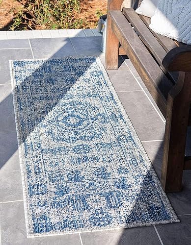 Unique Loom Outdoor Traditional Collection - Alfombra de área (2 x 8 pies, color azulgris)