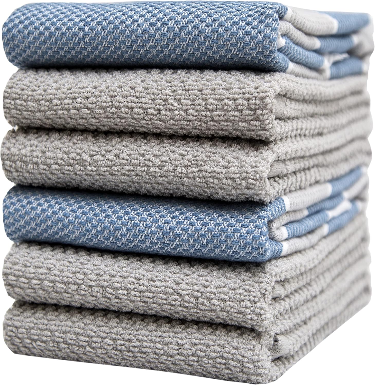 Premium Kitchen Towels (16”x 28”, 6 Pack) – Large Cotton Kitchen Hand Towels – Dobby Yarn Dyed with Fringe – 380 GSM Highly Absorbent Tea Towels Set with Hanging Loop (Aqua & Grey)