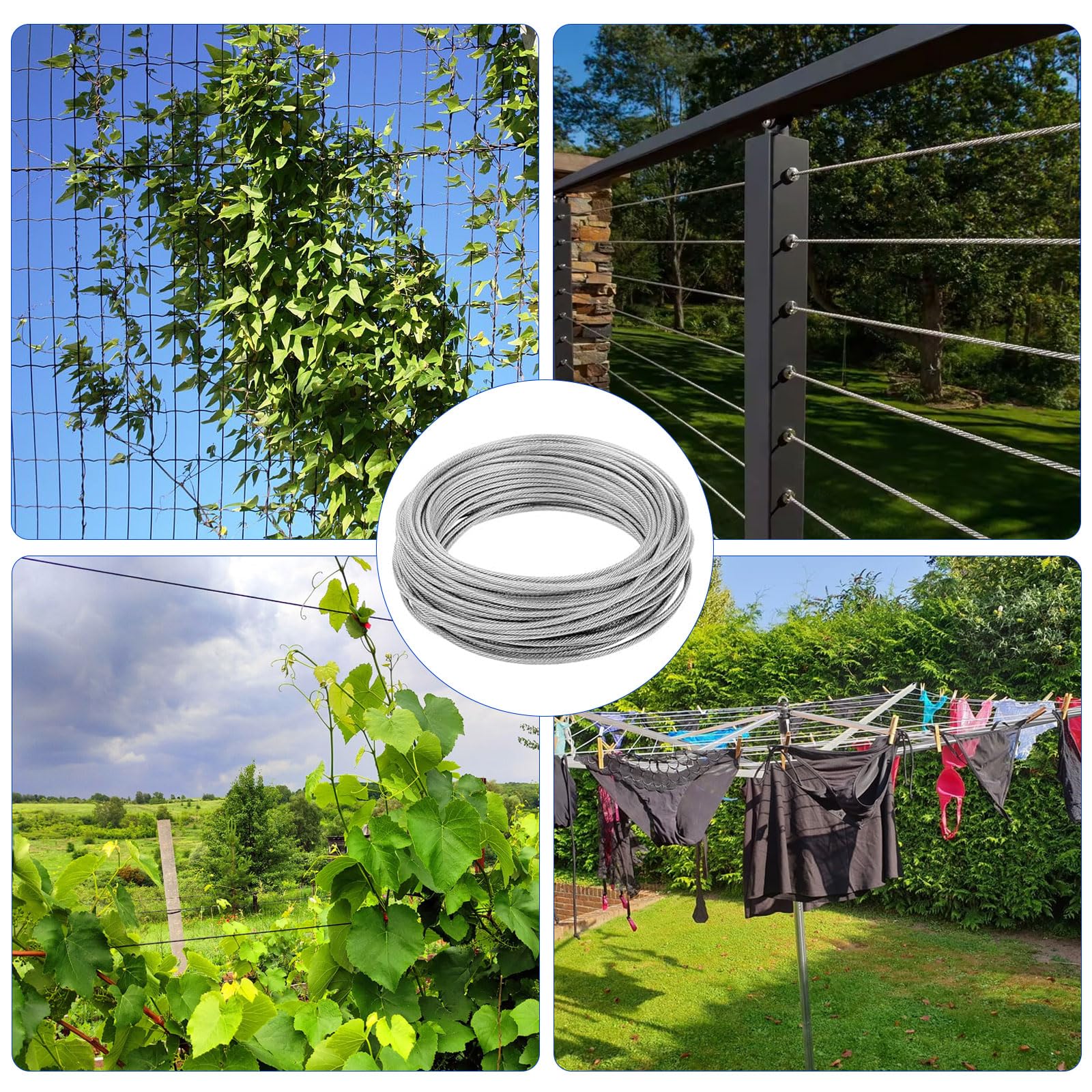70 Pezzi Set di Cavo Acciaio Inossidabile 3mm, Kit Filo per Stendere il Bucato da Esterno, Cavetto Acciaio Inox 30m con Tenditore M5 e Accessori, Filo d'Acciaio per Balcone & Piante Rampicanti