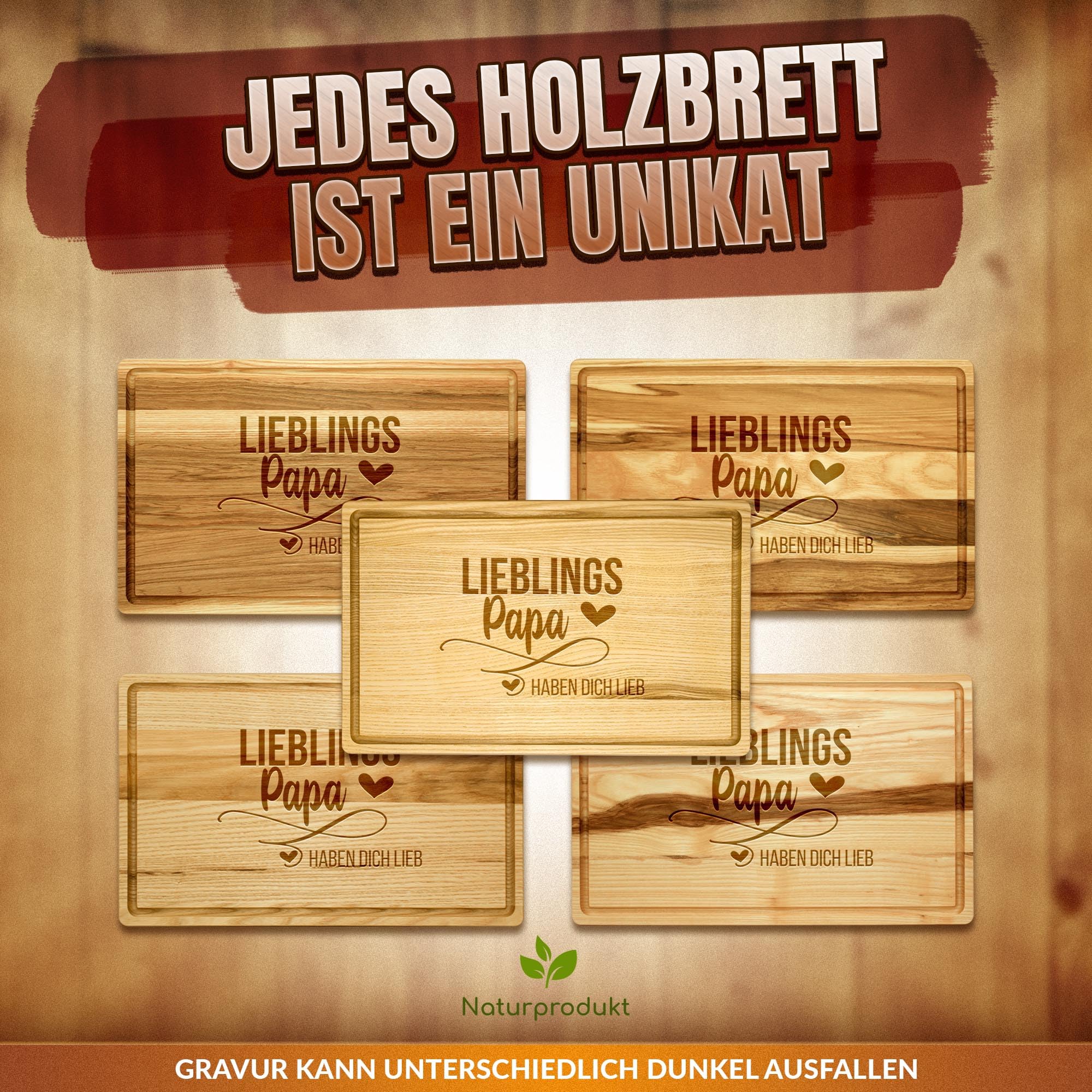 PR Print Royal Großes Holzbrett mit Gravur - Eschenholz, 40 x 25 x 2 cm - Lieblingspapa - Schneidebrett personalisiert, Geschenke für Papa zum Geburtstag | personalisiertes Geschenk