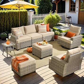 Patio Outdoor Furniture Set - All Weather Wicker Modular Sectional Sofa Couch,Patio Seating Outdoor Conversation Sets for Deck Yard Garden Beige, 8 Pcs w/Swivel Glider