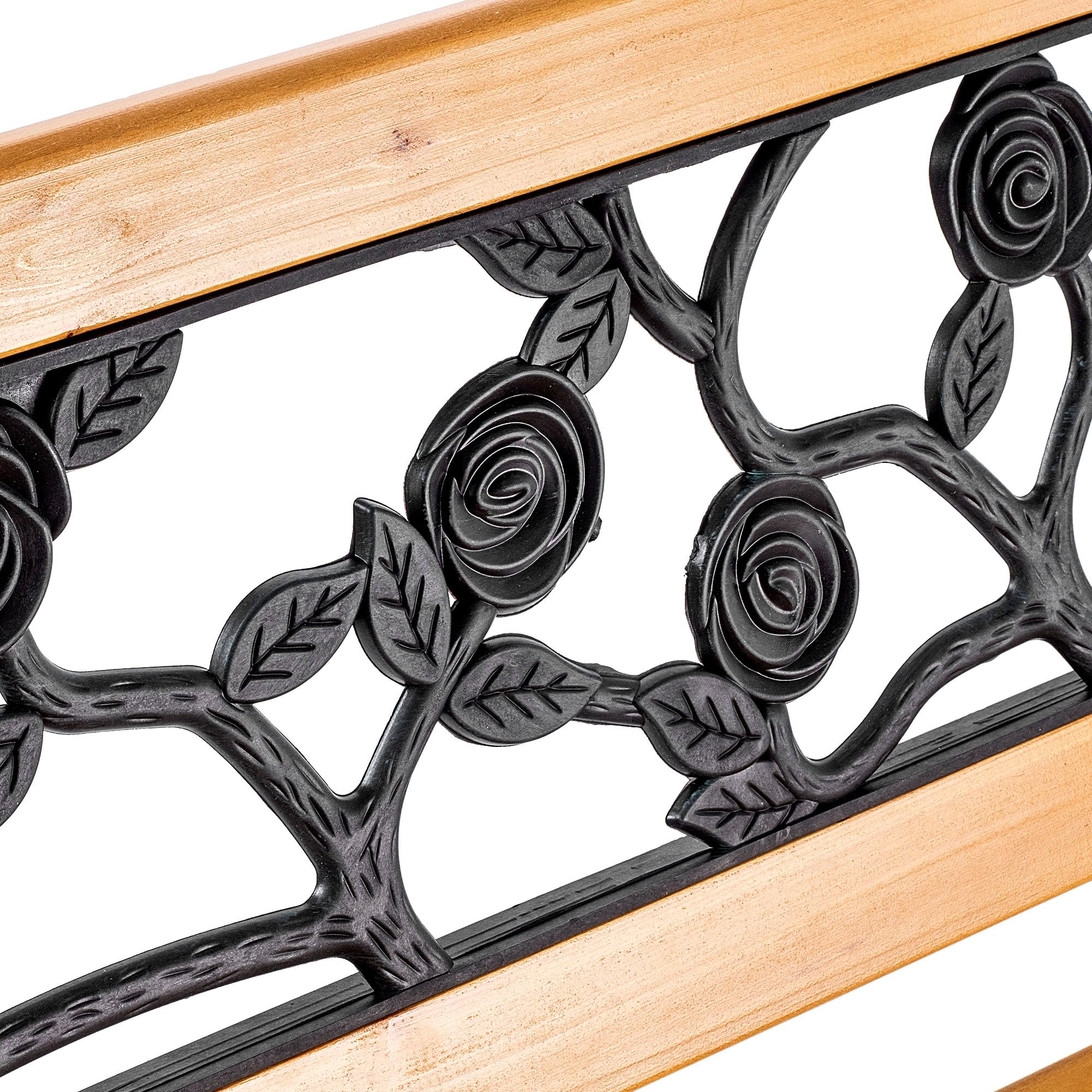 KADAX Banc de jardin en bois et fonte 2 places avec accoudoirs et dossier, banc de parc, banc extérieur pour balcon, jardin, terrasse (marron/motif rose)
