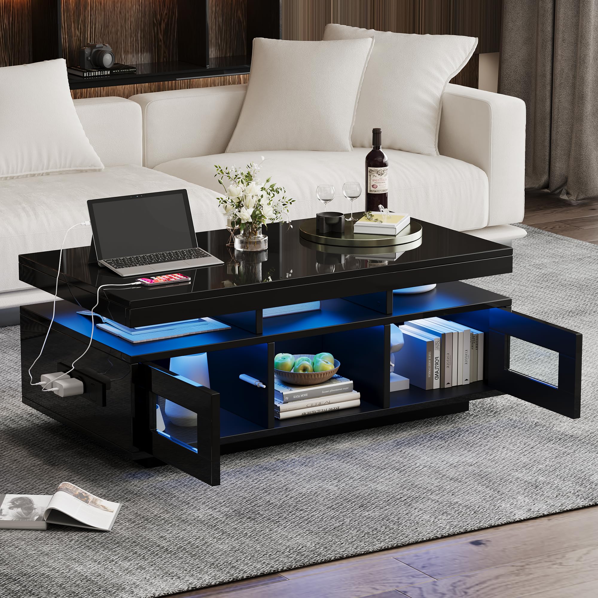Merax Couchtisch Schwarz, Wohnzimmertisch Hochglanz mit LED Beleuchtung, Beistelltisch Kaffeetisch mit Schrank & Offene Staufächer, Sofatisch mit Ladeanschluss, Rechteckiger Mitteltisch, 100×50×43cm