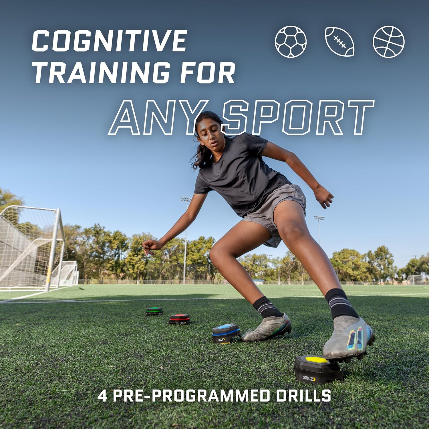 A young girl in athletic wear reaching for a SKLZ Reactive Flash LED Training Pod on a grassy field, with text 'COGNITIVE TRAINING FOR ANY SPORT'.