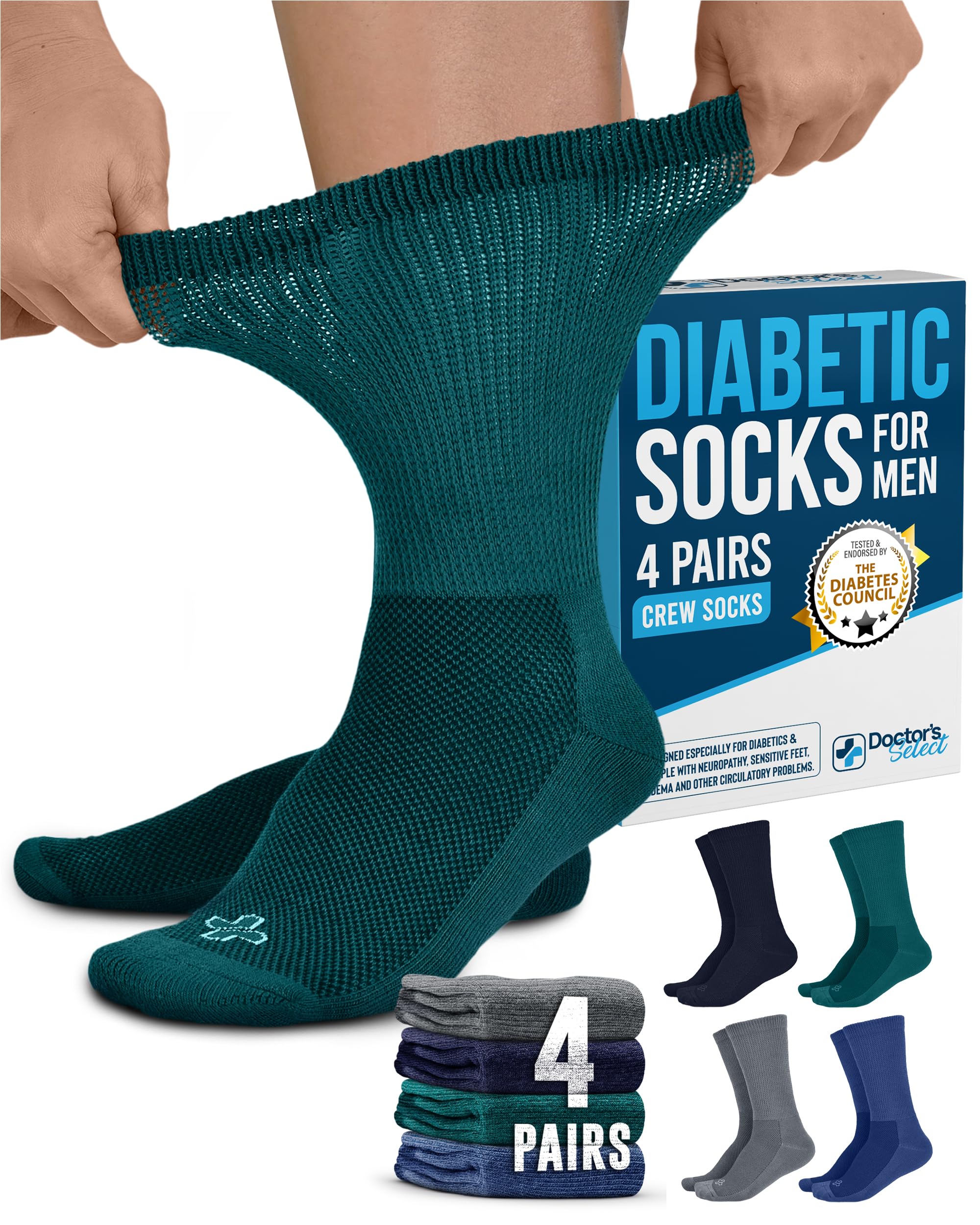 Doctor's Select Diabetic Socks for Men - 4 Pairs Crew Diabetic Neuropathy Socks for Men | Diabetic Socks for Men 9-12