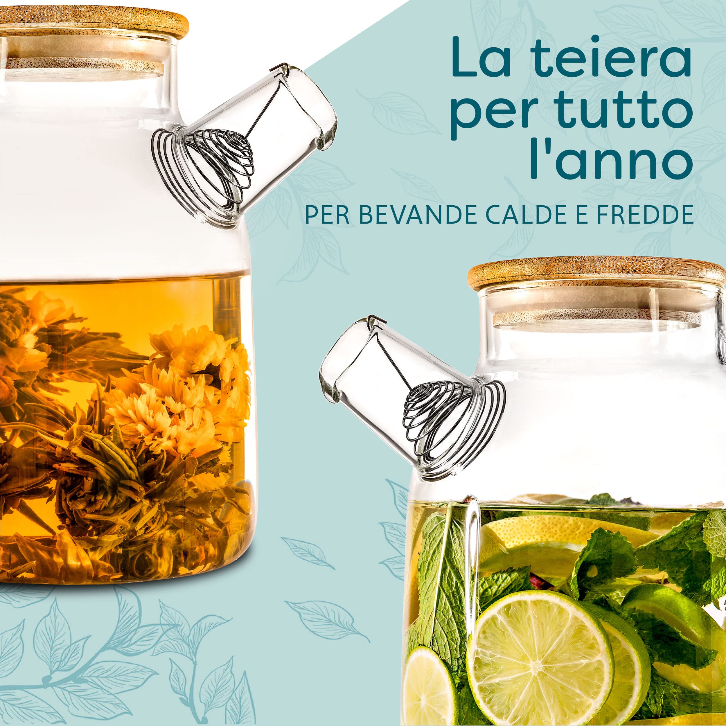 Cosumy Caraffa Vetro 1,5 Litri con Tappo in Bambù - Filtro nel Beccuccio - Brocca per Acqua e Tè - Lavabile in Lavastoviglie